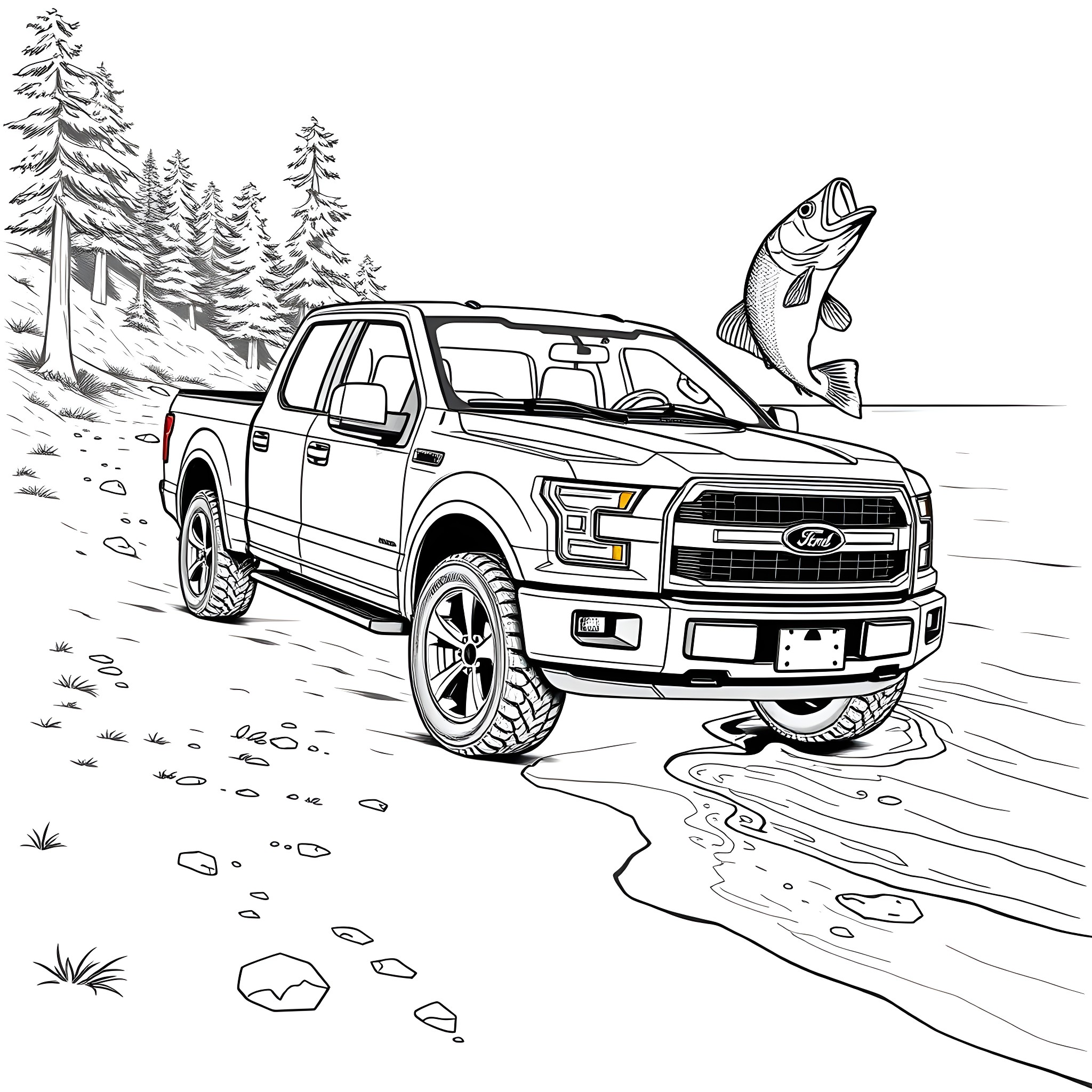 Ford Pickup Truck by the Lake with Jumping Fish Coloring Page (free black-and-white line drawing printable PDF for all, from beginners to advanced learners, including children, teens, adults, and seniors)