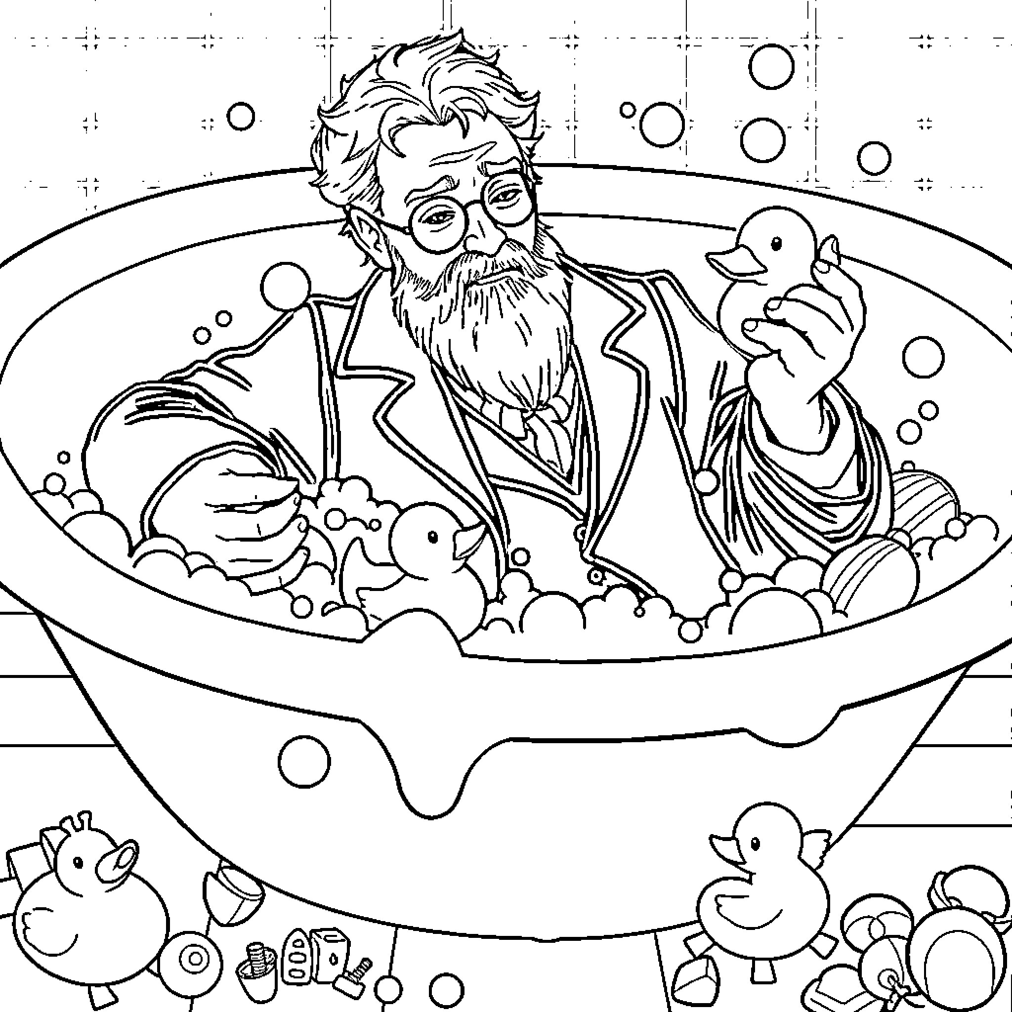 Professor Taking a Whimsical Bath with Ducklings Coloring Page (free black-and-white line drawing printable PDF for all, from beginners to advanced learners, including children, teens, adults, and seniors)