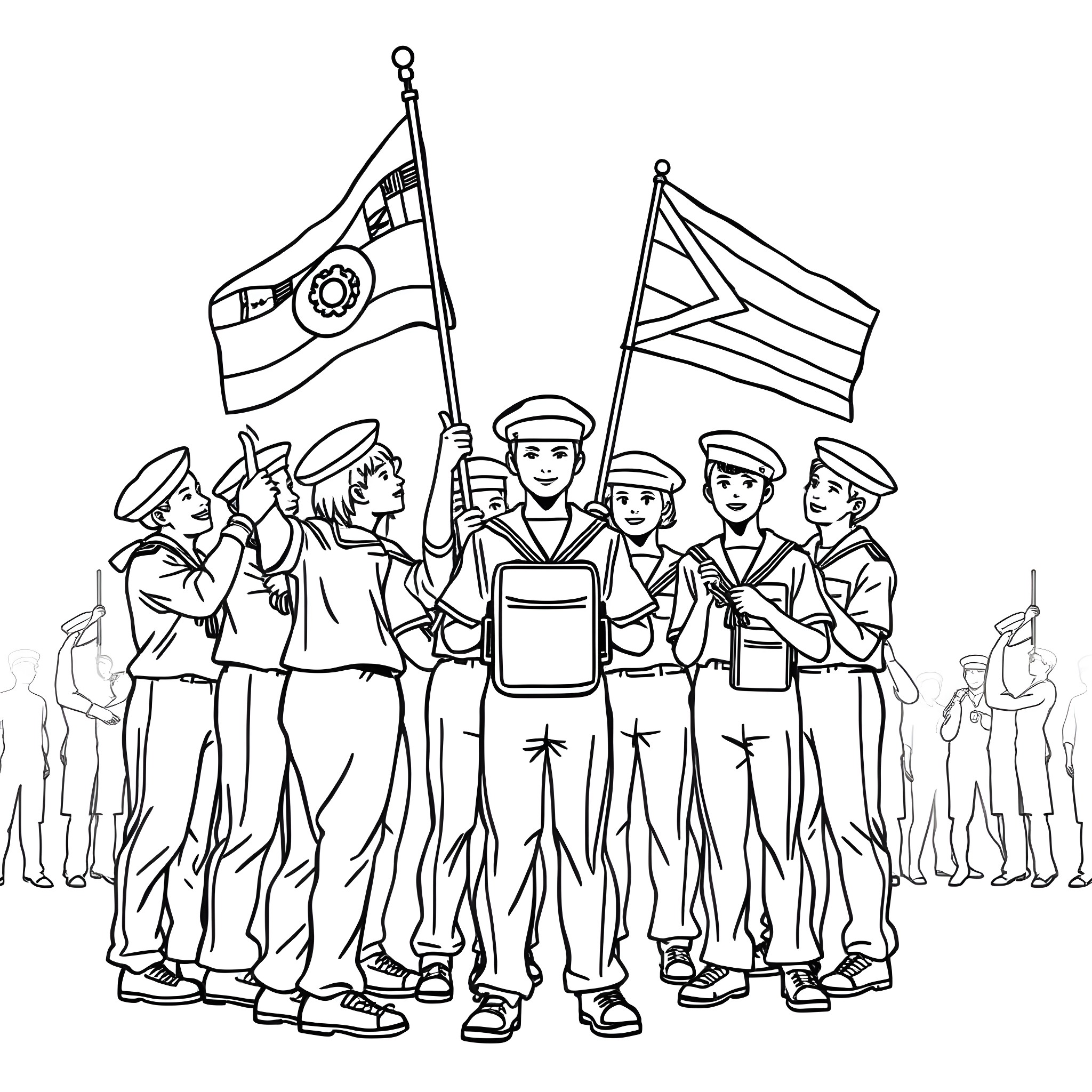 Sea Cadets in Uniform Proudly Displaying Flags Coloring Page (free black-and-white line drawing printable PDF for all, from beginners to advanced learners, including children, teens, adults, and seniors)