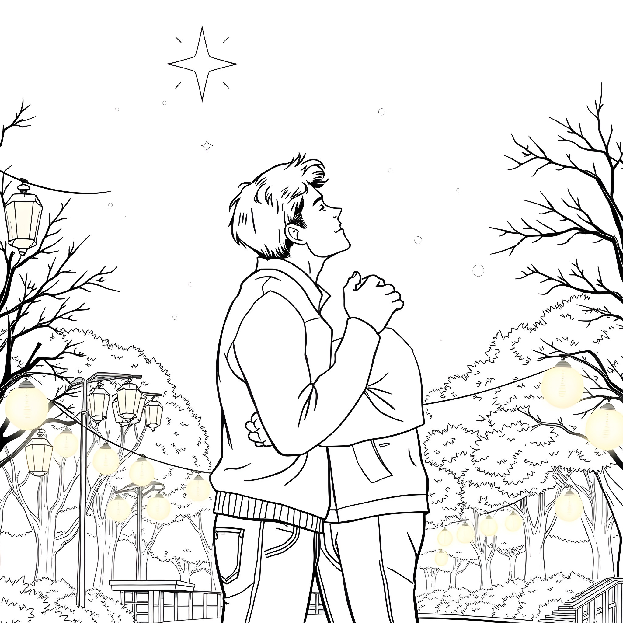 Gay Guys Embracing under Starry Night Sky Coloring Page (free black-and-white line drawing printable PDF for all, from beginners to advanced learners, including children, teens, adults, and seniors)
