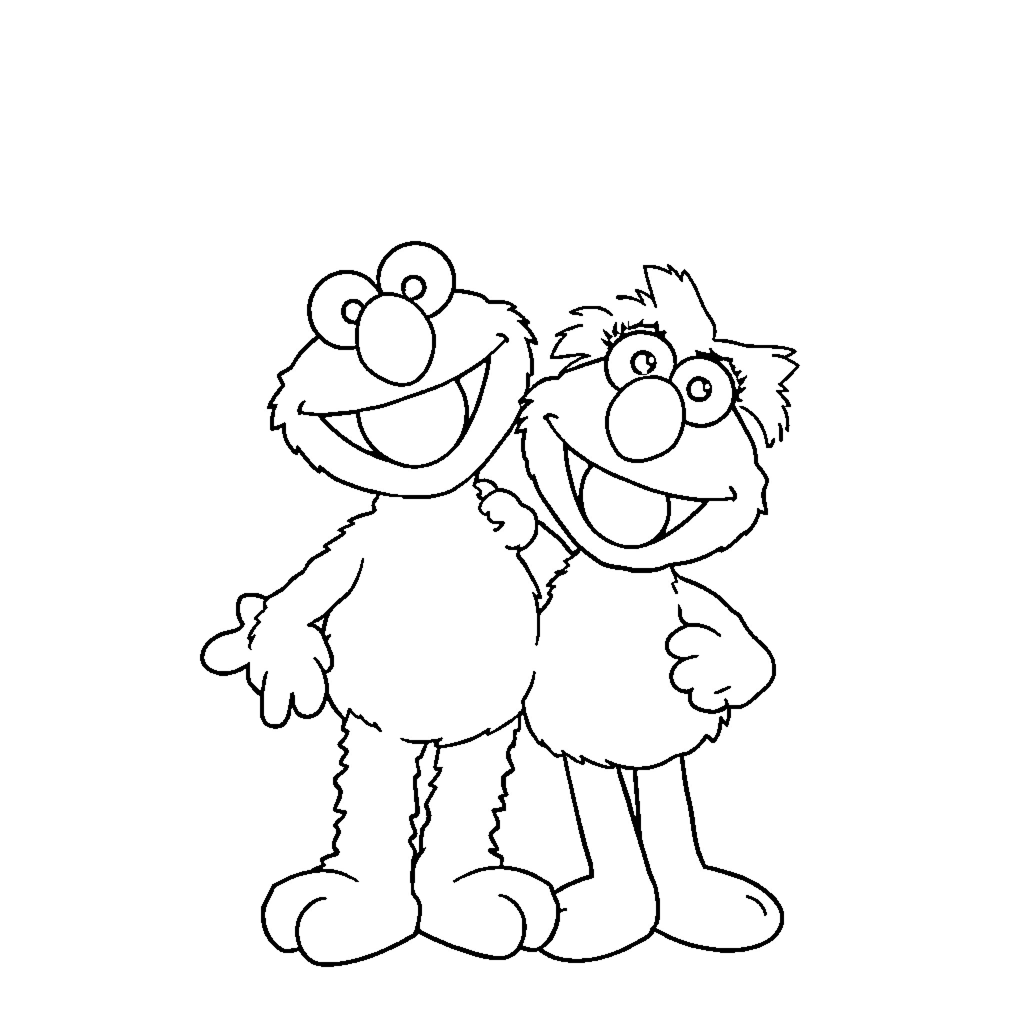 Elmo and friend enjoying together Coloring Page (free black-and-white line drawing printable PDF for all, from beginners to advanced learners, including children, teens, adults, and seniors)