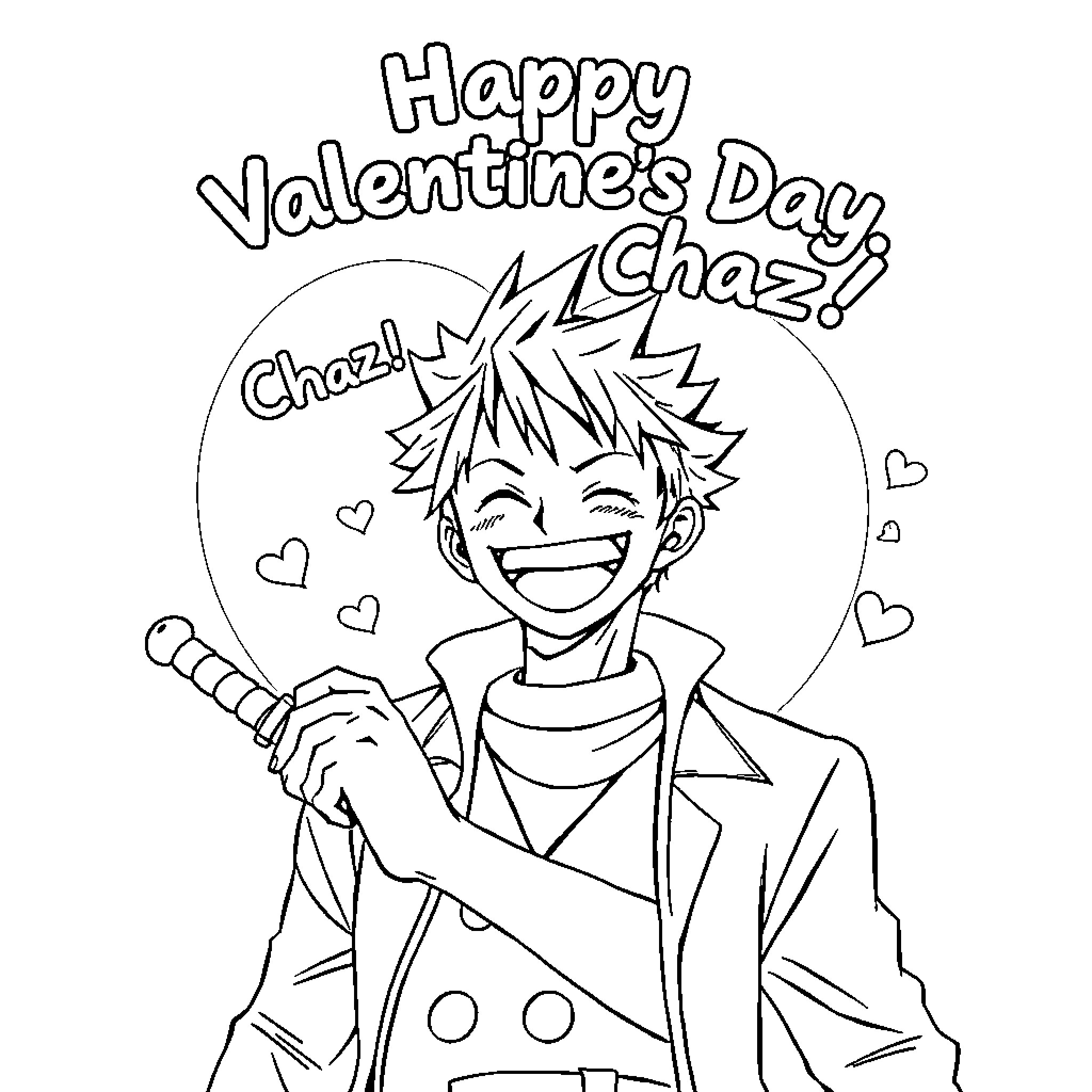 Roronoa Zoro's Happy Valentine's Day Cheer Coloring Page (free black-and-white line drawing printable PDF for all, from beginners to advanced learners, including children, teens, adults, and seniors)