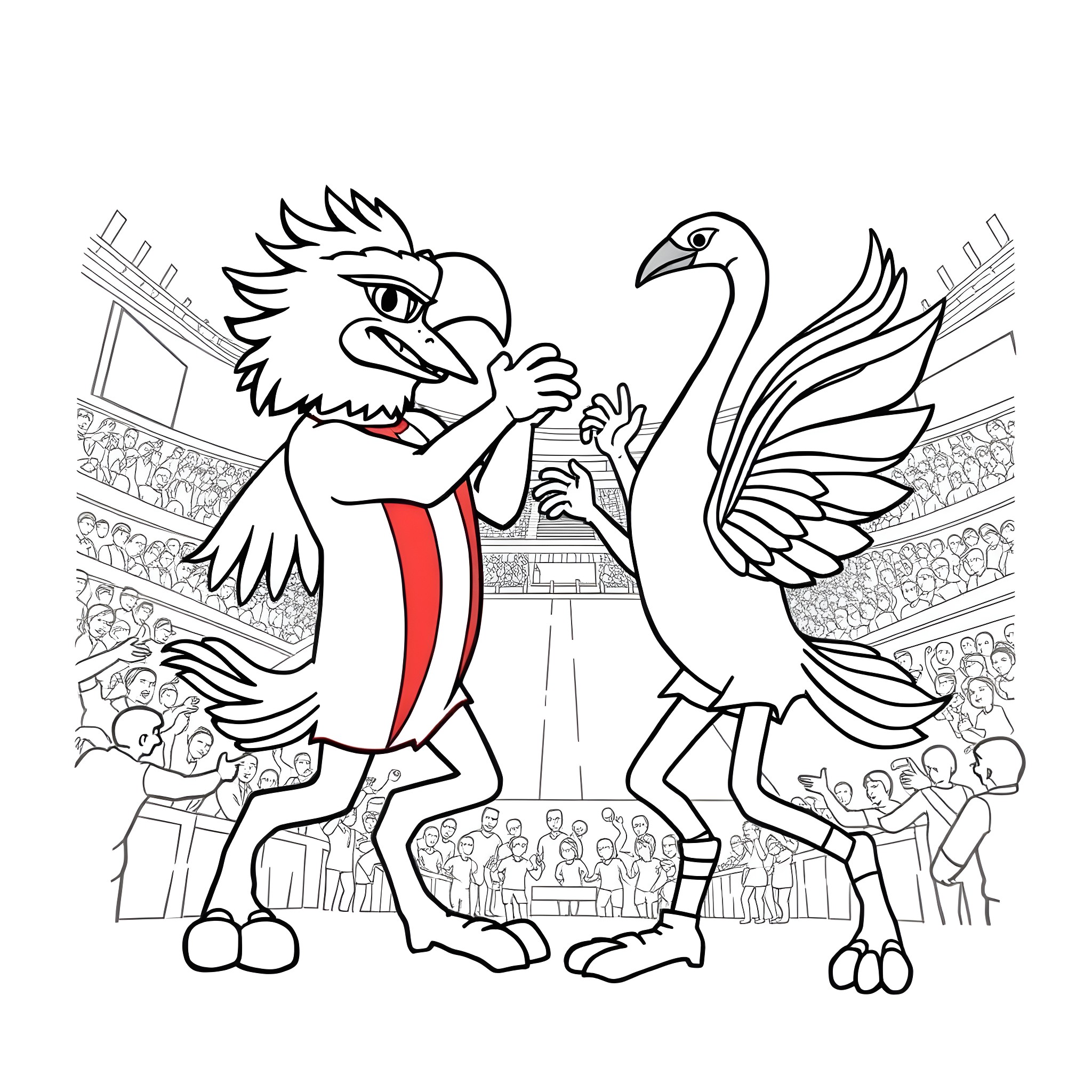 Hawthorn Hawk performing at stadium event Coloring Page (free black-and-white line drawing printable PDF for all, from beginners to advanced learners, including children, teens, adults, and seniors)