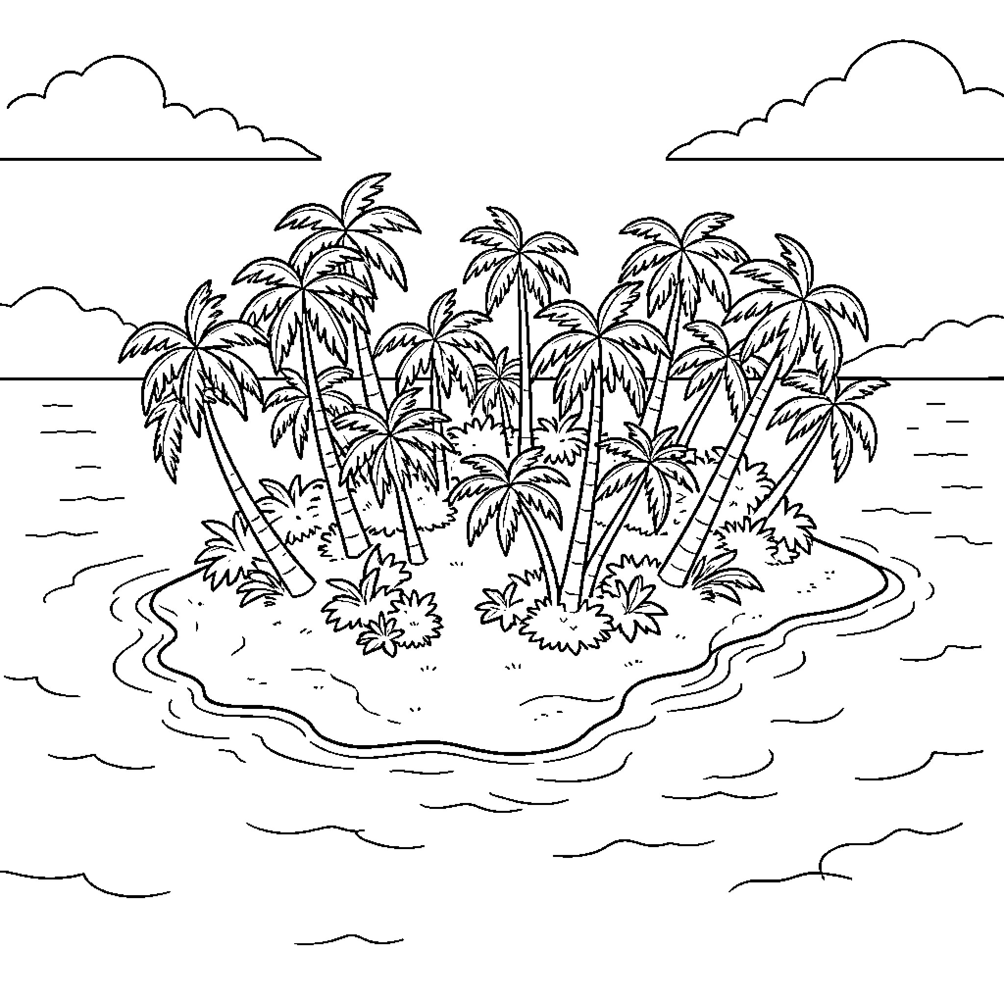 Island with many palm trees surrounded by ocean waves Coloring Page (free black-and-white line drawing printable PDF for all, from beginners to advanced learners, including children, teens, adults, and seniors)