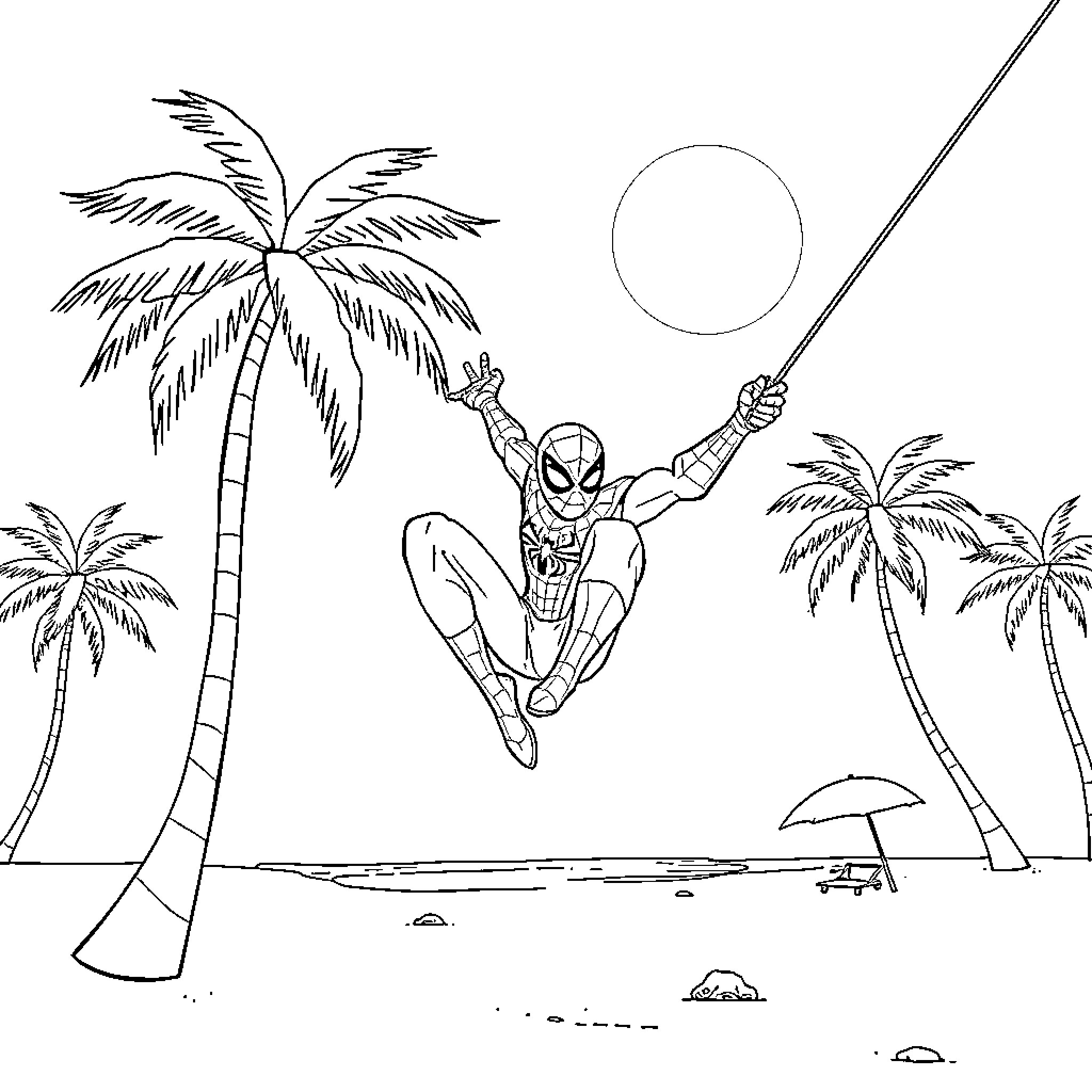 Spiderman swinging through the tropical beach Coloring Page (free black-and-white line drawing printable PDF for all, from beginners to advanced learners, including children, teens, adults, and seniors)