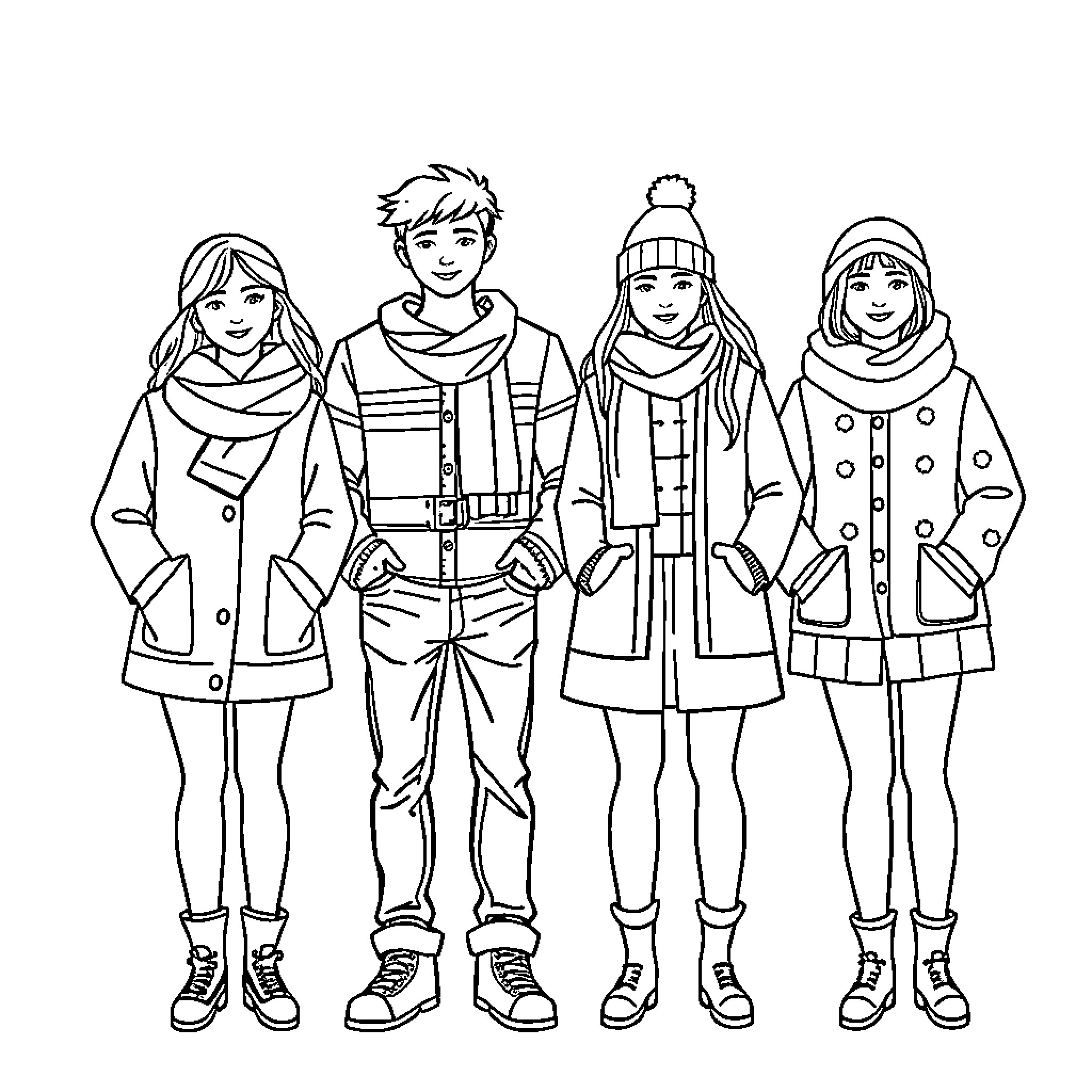 People dressed in warm winter clothing Coloring Page (free black-and-white line drawing printable PDF for all, from beginners to advanced learners, including children, teens, adults, and seniors)