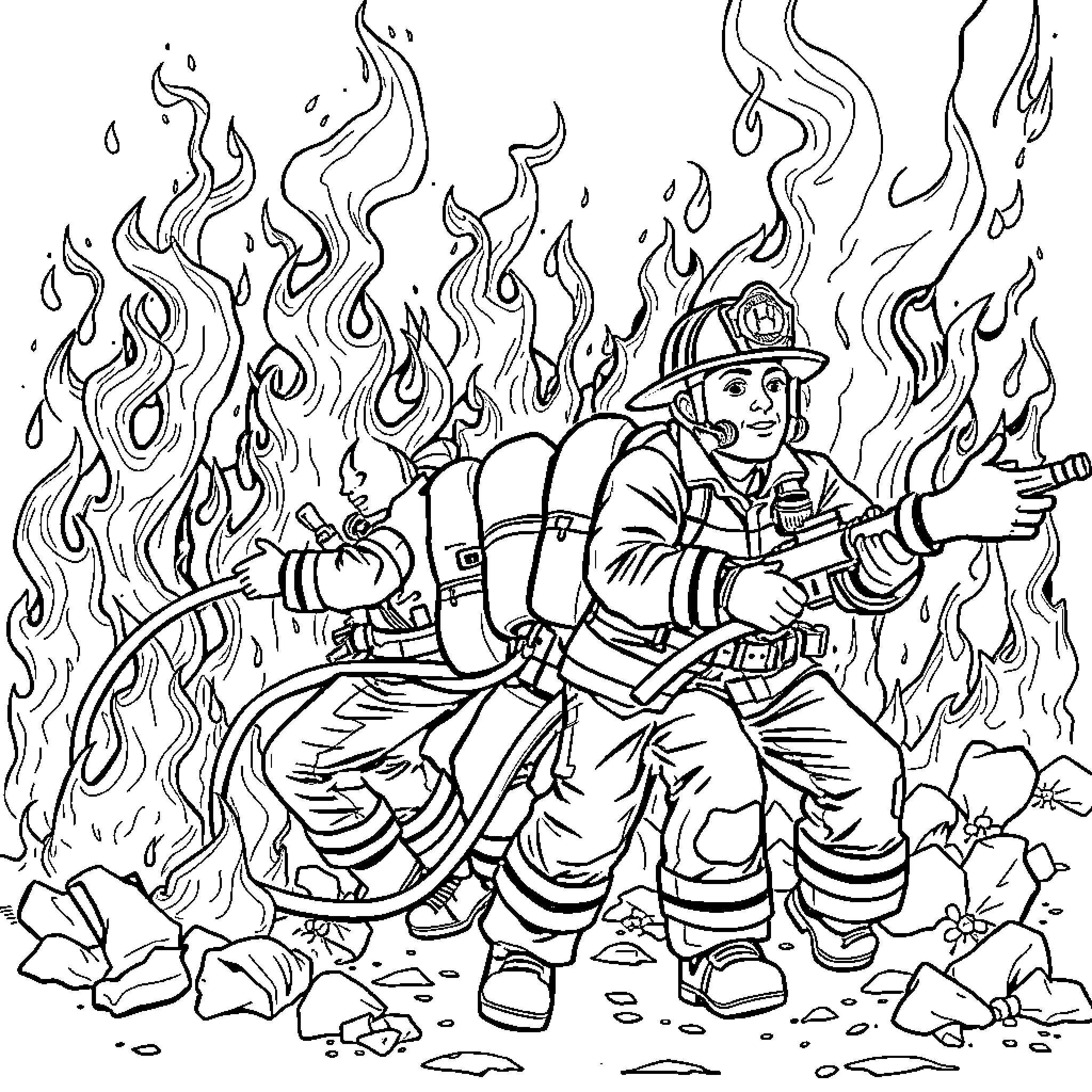 Firefighter battling blaze with determination and courage Coloring Page (free black-and-white line drawing printable PDF for all, from beginners to advanced learners, including children, teens, adults, and seniors)