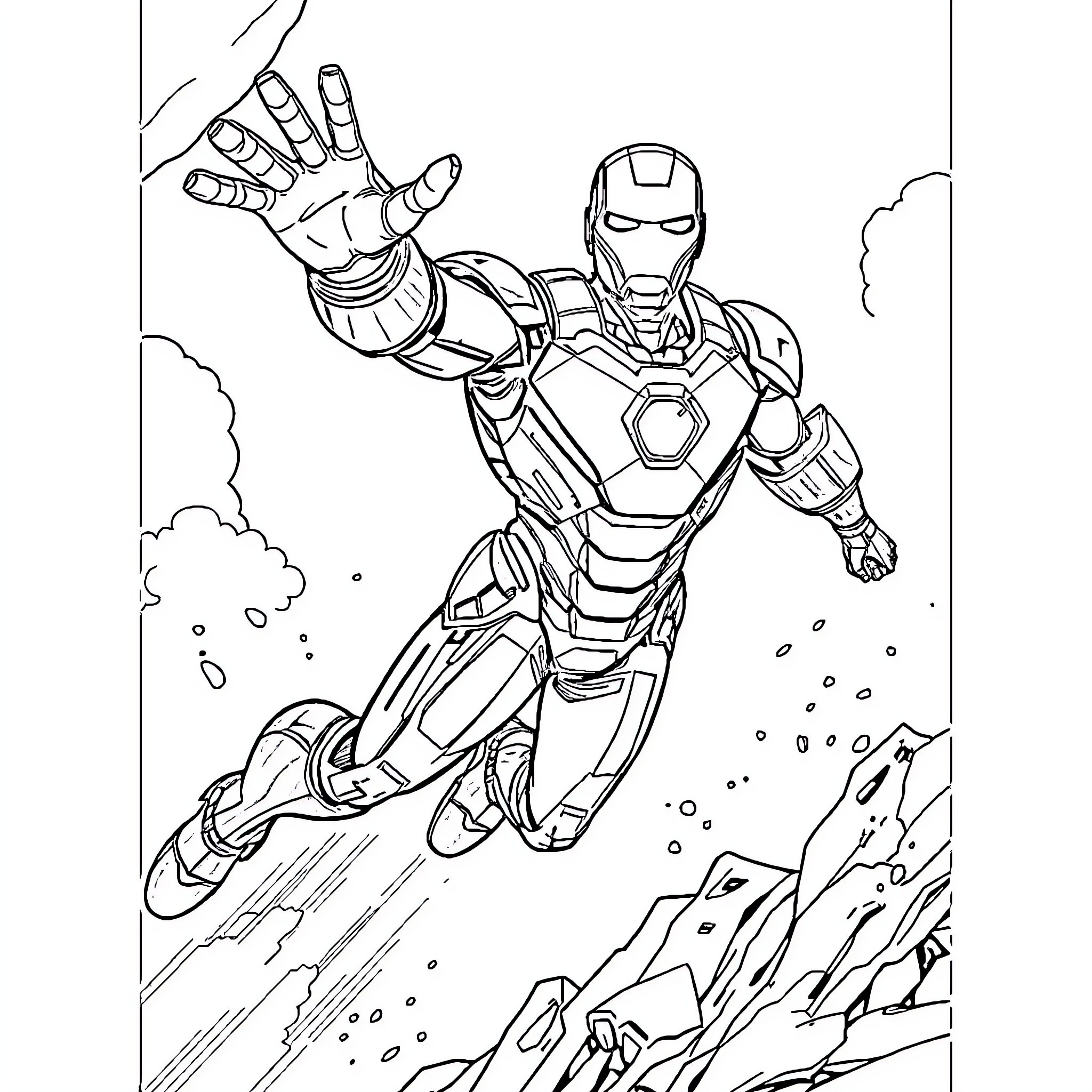 Ironman in action: Heroic figure soaring through the sky Coloring Page (free black-and-white line drawing printable PDF for all, from beginners to advanced learners, including children, teens, adults, and seniors)