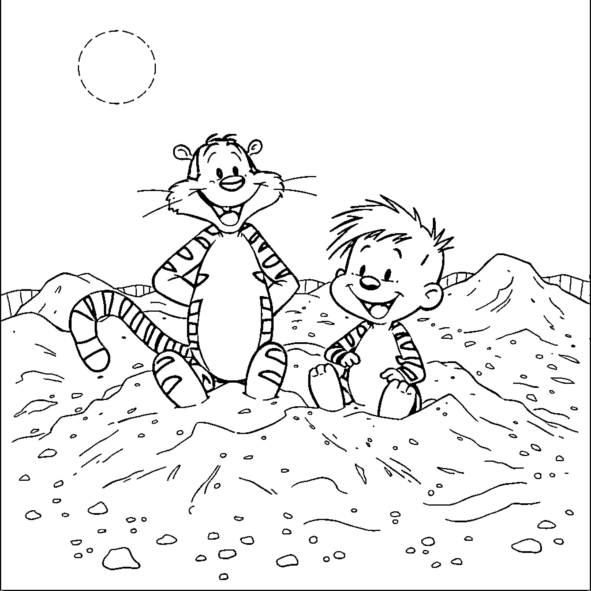 Calvin and Hobbes Exploring Nature Together Coloring Page (free black-and-white line drawing printable PDF for all, from beginners to advanced learners, including children, teens, adults, and seniors)