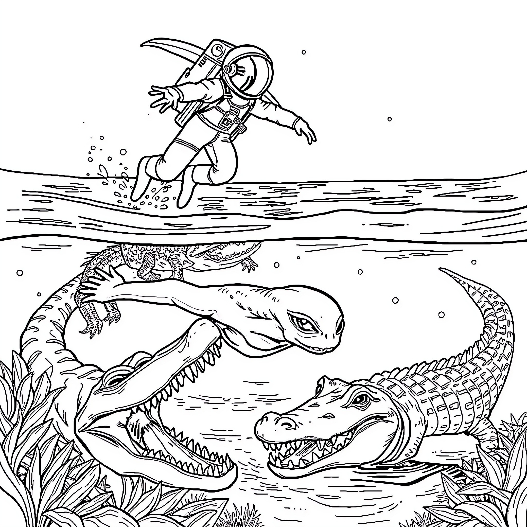 Alien astronaut encounters alien creatures in underwater scene Coloring Page (free black-and-white line drawing printable PDF for all, from beginners to advanced learners, including children, teens, adults, and seniors)