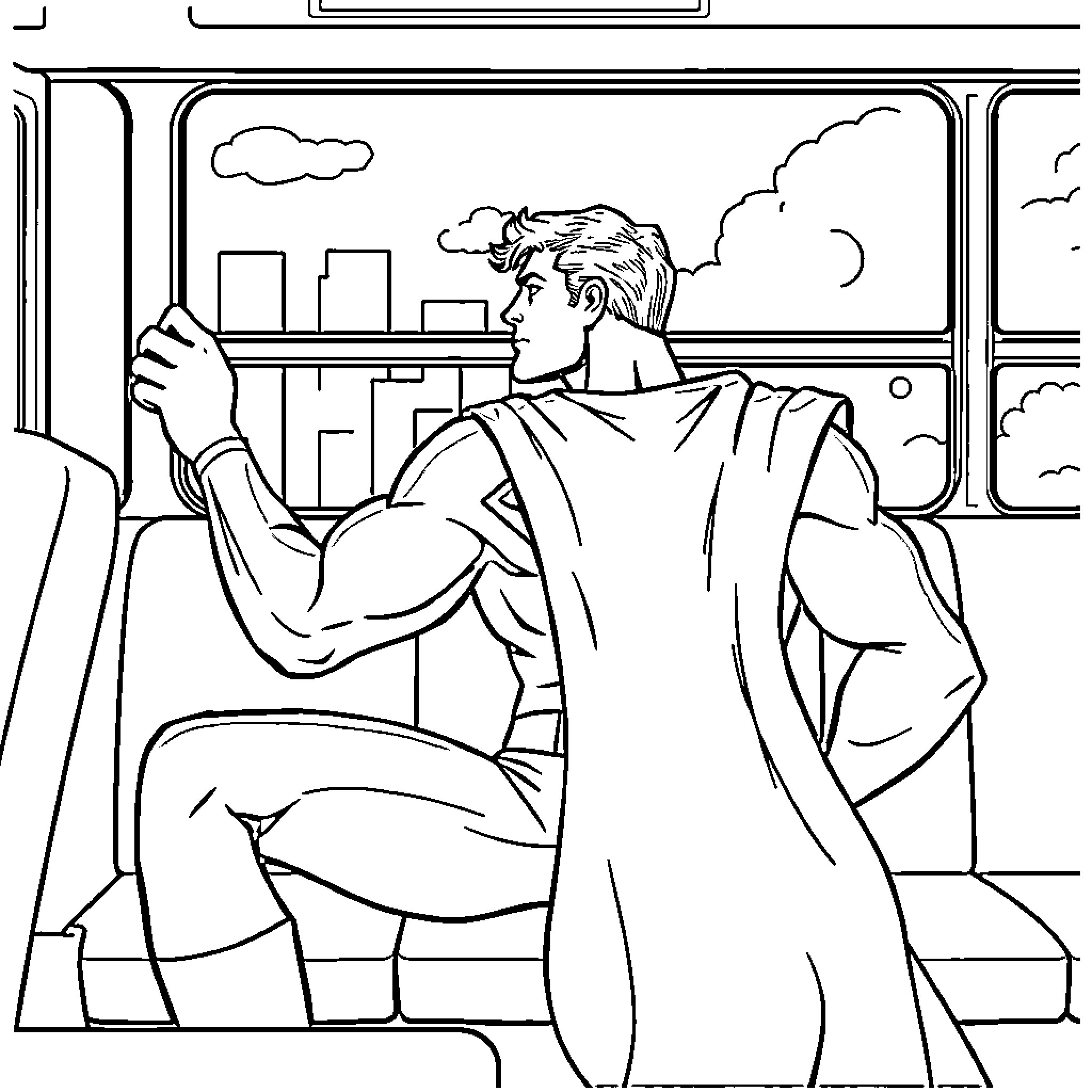 Superman relaxing in his hideout Coloring Page (free black-and-white line drawing printable PDF for all, from beginners to advanced learners, including children, teens, adults, and seniors)