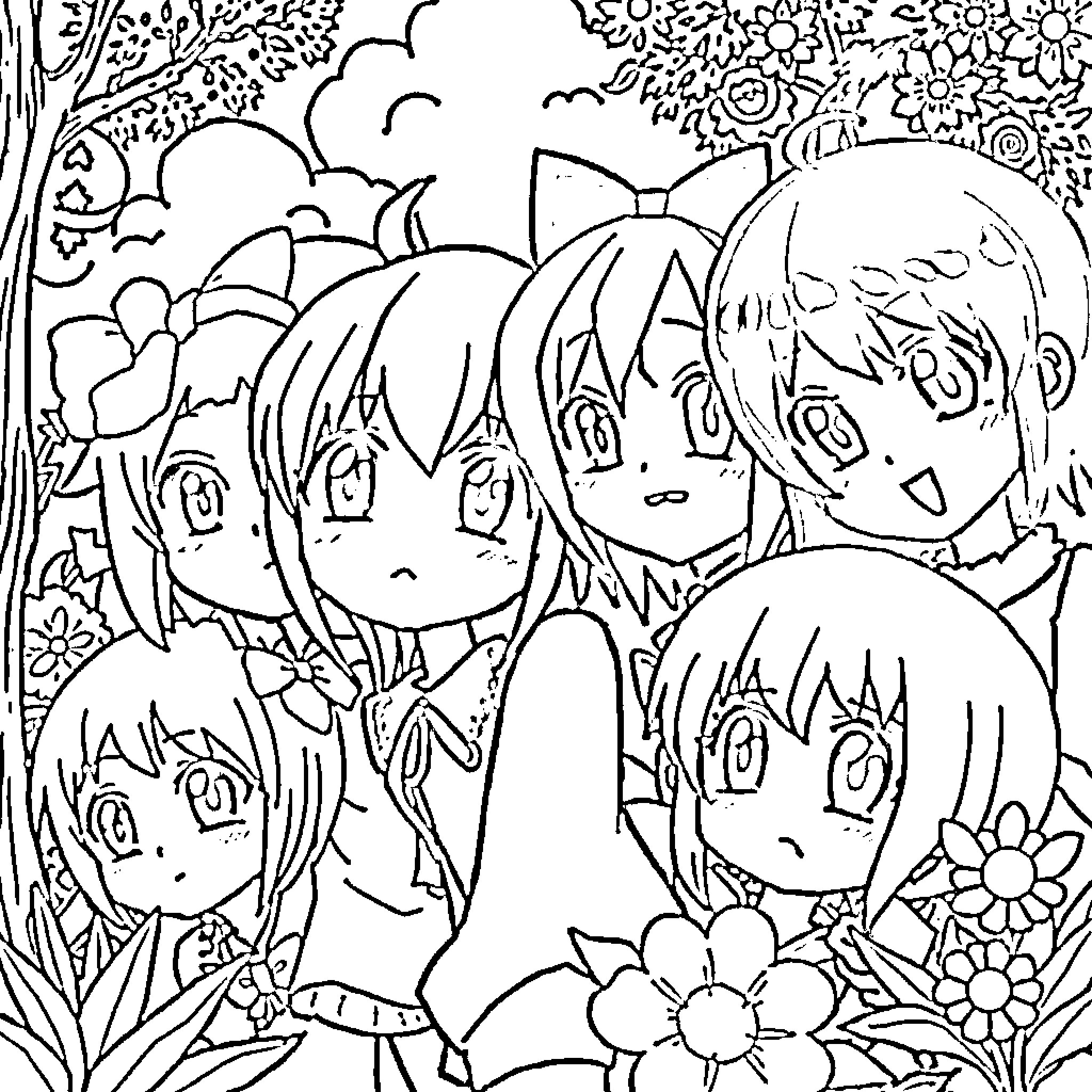 Anime Characters Surrounded by Whimsical Floral Motifs Coloring Page (free black-and-white line drawing printable PDF for all, from beginners to advanced learners, including children, teens, adults, and seniors)