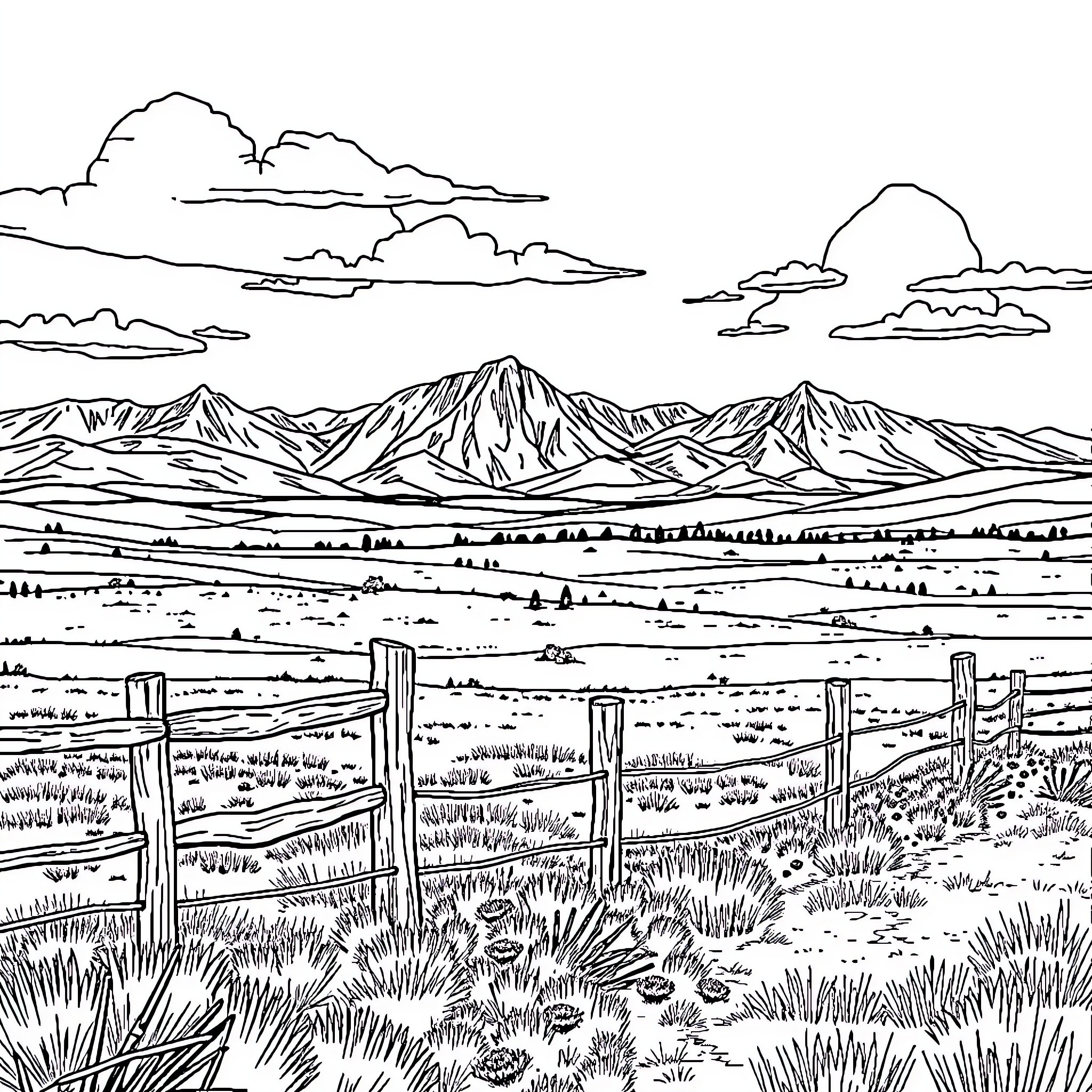 Cowboy landscape with mountains and fencing Coloring Page (free black-and-white line drawing printable PDF for all, from beginners to advanced learners, including children, teens, adults, and seniors)