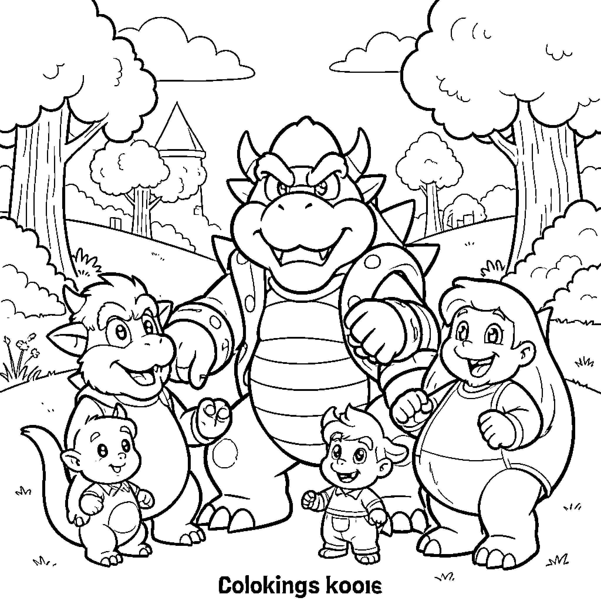 Bowser standing with his children in a park Coloring Page (free black-and-white line drawing printable PDF for all, from beginners to advanced learners, including children, teens, adults, and seniors)