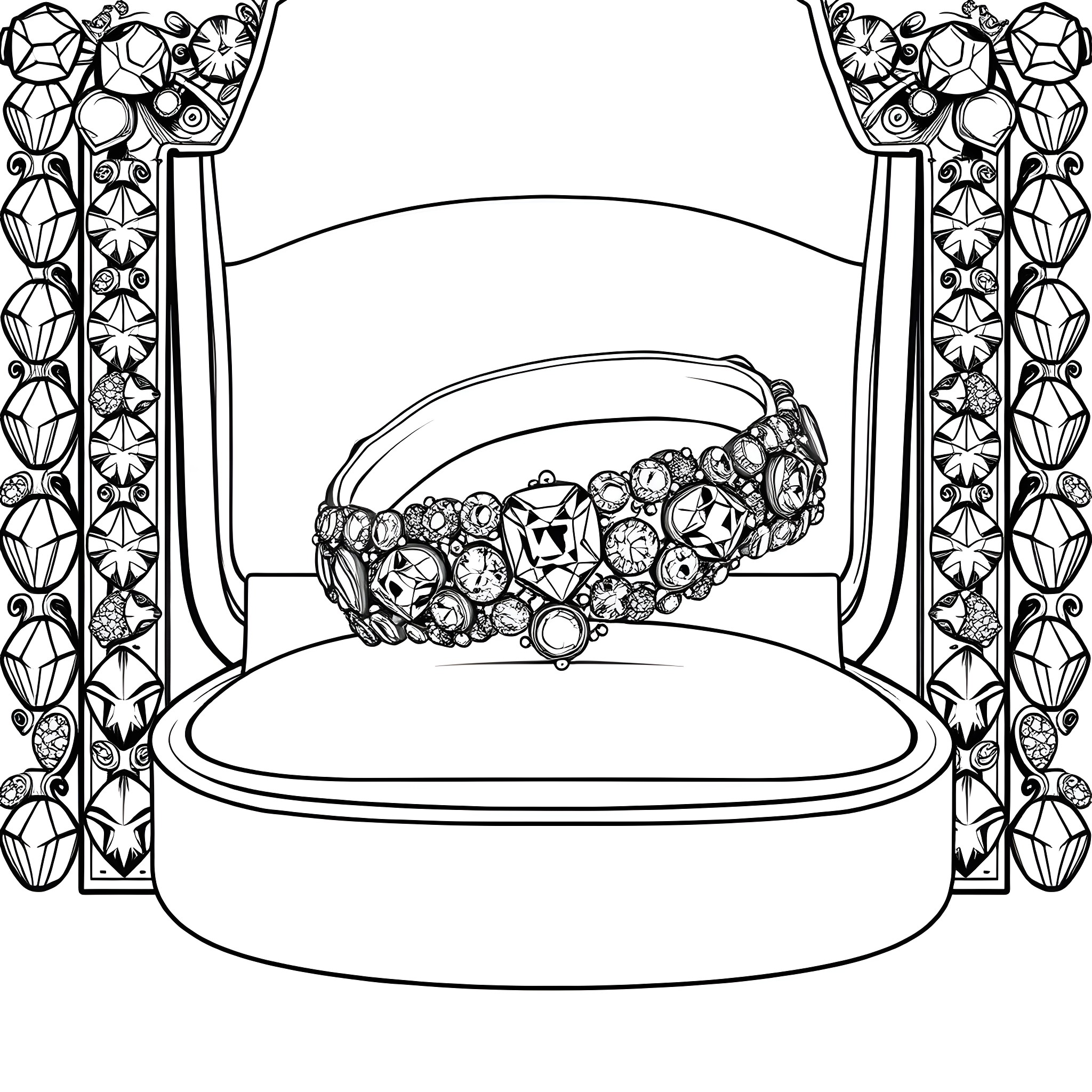 Gemstone jewelry in royal ornamental frame Coloring Page (free black-and-white line drawing printable PDF for all, from beginners to advanced learners, including children, teens, adults, and seniors)