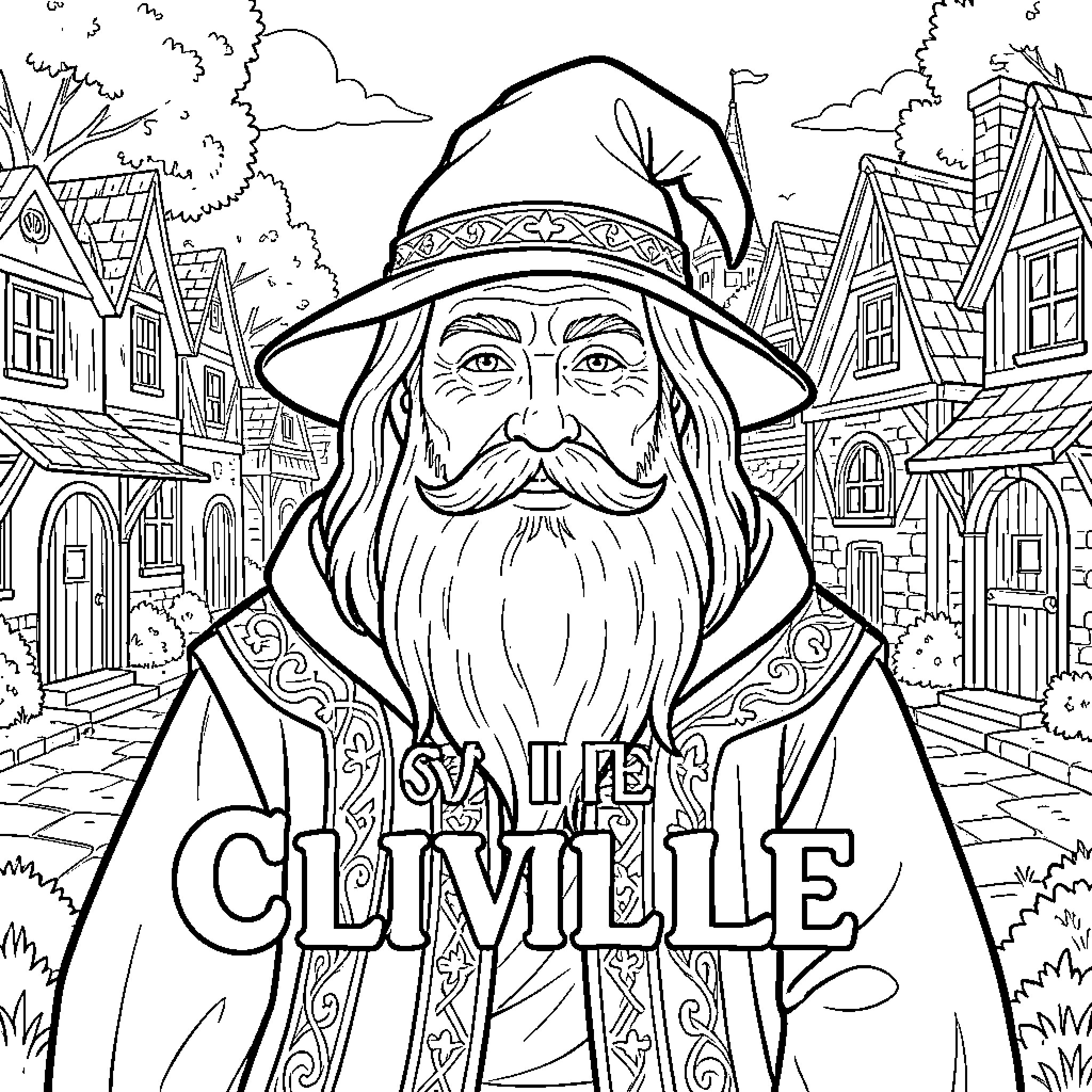 Wizard with elaborate hat and robes in a fantastical town Coloring Page (free black-and-white line drawing printable PDF for all, from beginners to advanced learners, including children, teens, adults, and seniors)