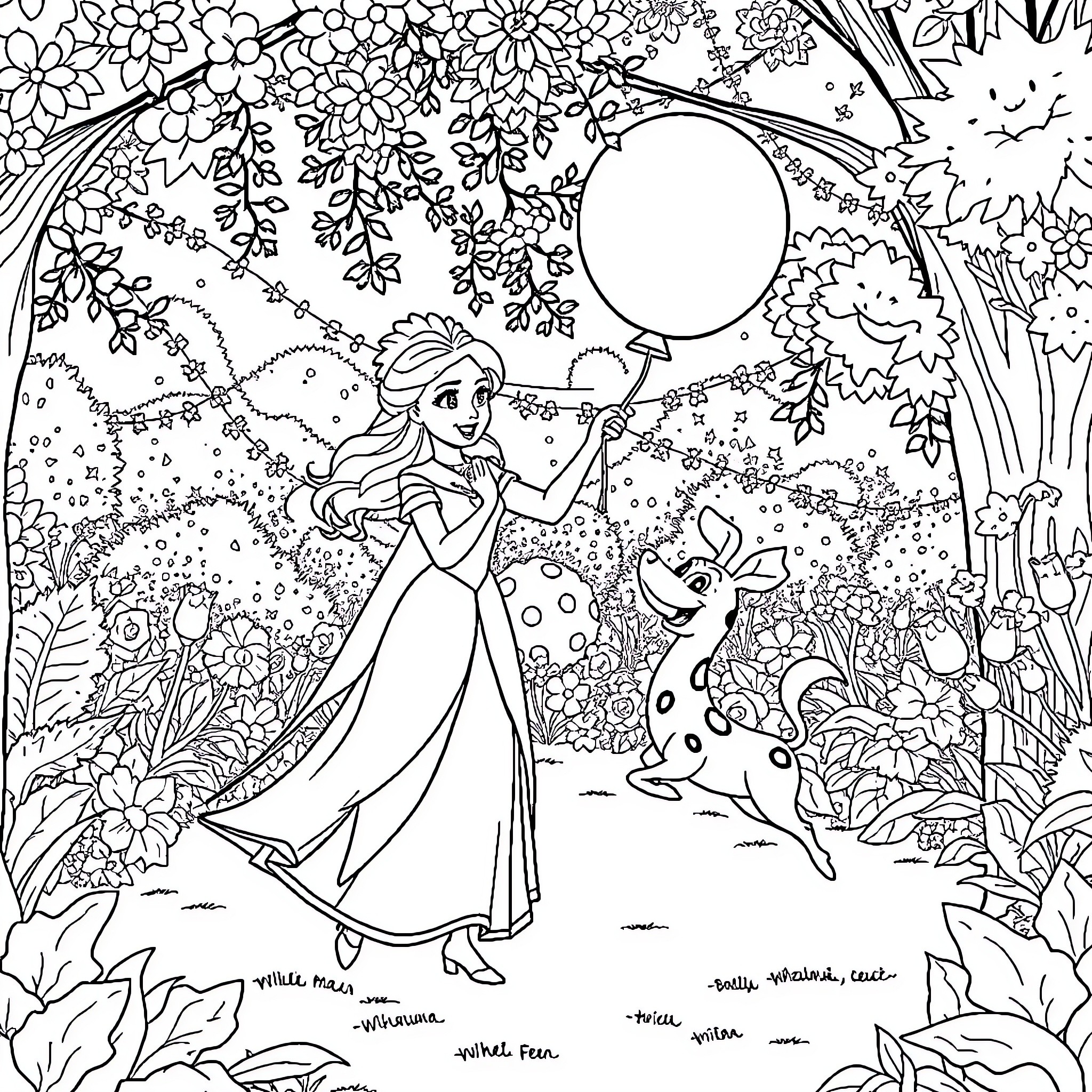Reine des Neiges: Princess and Companion in Enchanted Forest Coloring Page (free black-and-white line drawing printable PDF for all, from beginners to advanced learners, including children, teens, adults, and seniors)