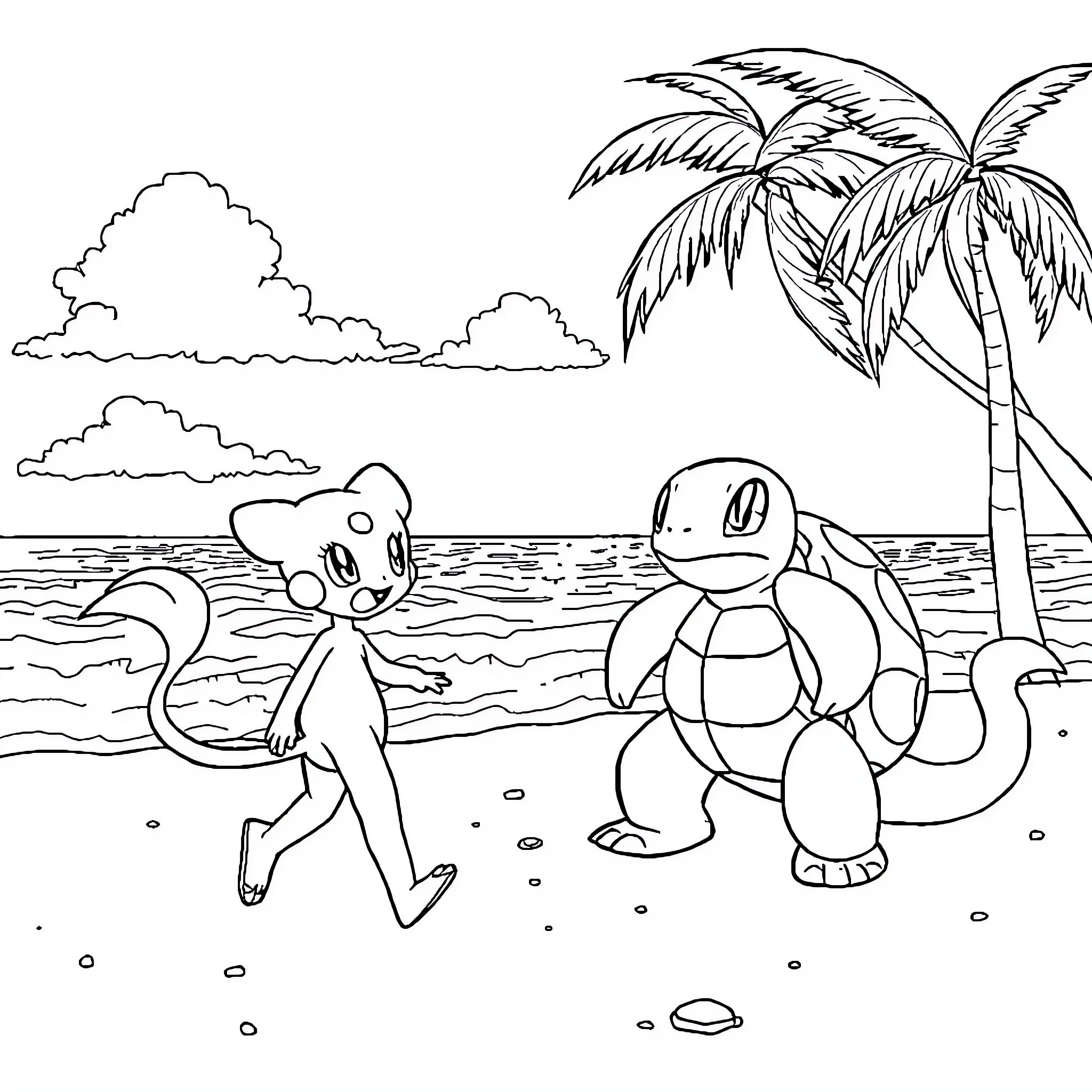 Pokémon characters exploring beach scenery Coloring Page (free black-and-white line drawing printable PDF for all, from beginners to advanced learners, including children, teens, adults, and seniors)