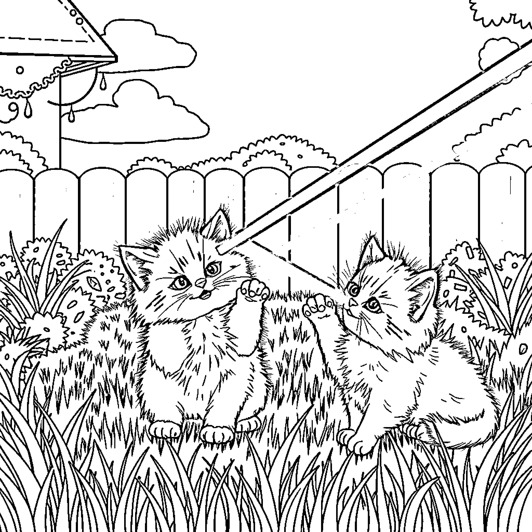 Kittens playing in the garden Coloring Page (free black-and-white line drawing printable PDF for all, from beginners to advanced learners, including children, teens, adults, and seniors)