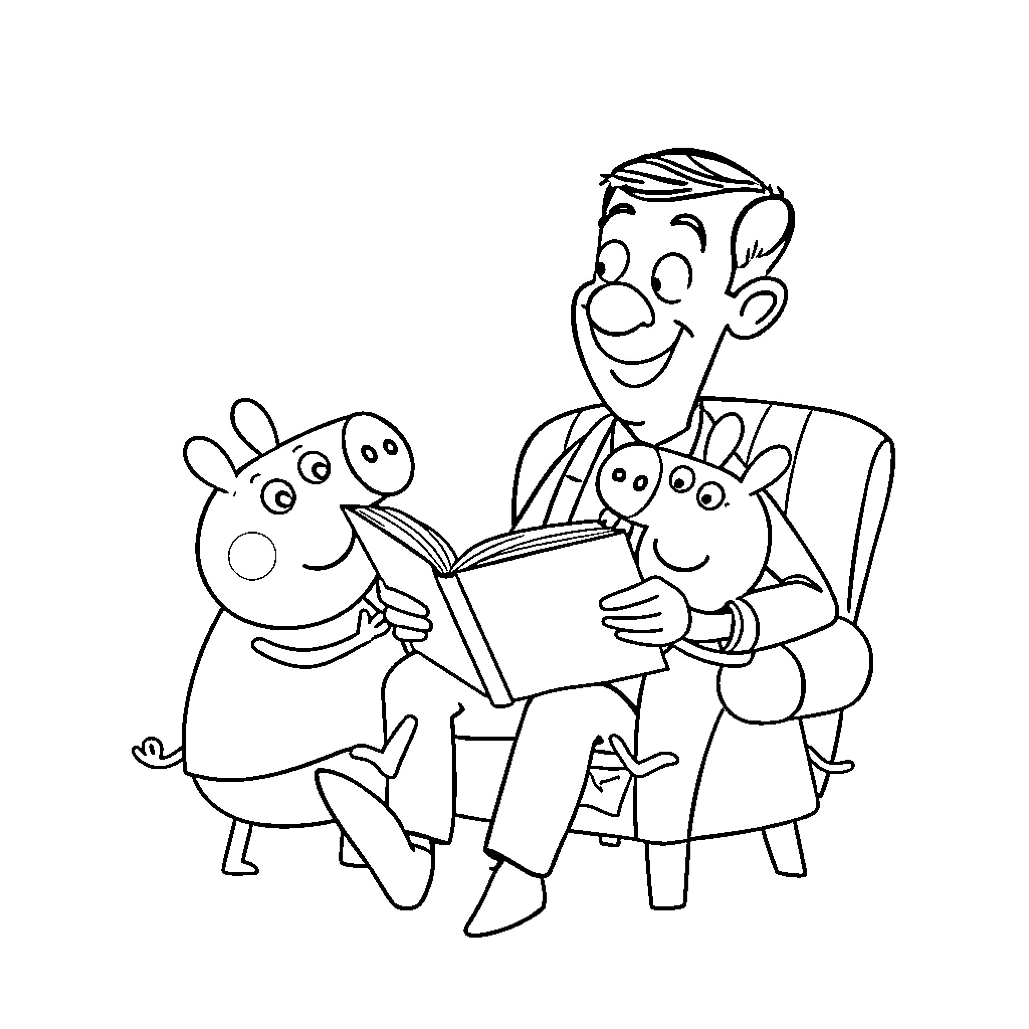 Mr Bean reading a book with Peppa Pig characters Coloring Page (free black-and-white line drawing printable PDF for all, from beginners to advanced learners, including children, teens, adults, and seniors)