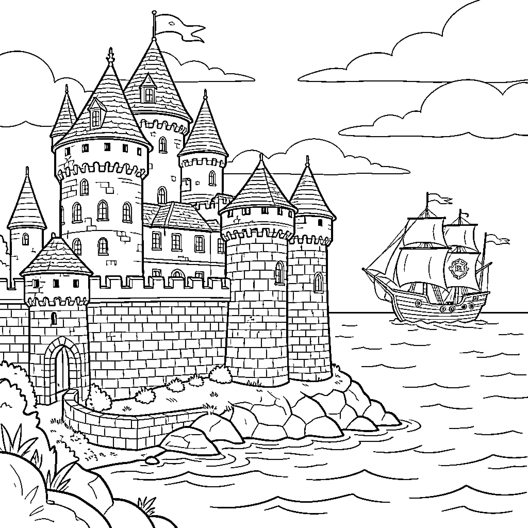 Château standing majestically by the ocean with a sailing ship Coloring Page (free black-and-white line drawing printable PDF for all, from beginners to advanced learners, including children, teens, adults, and seniors)