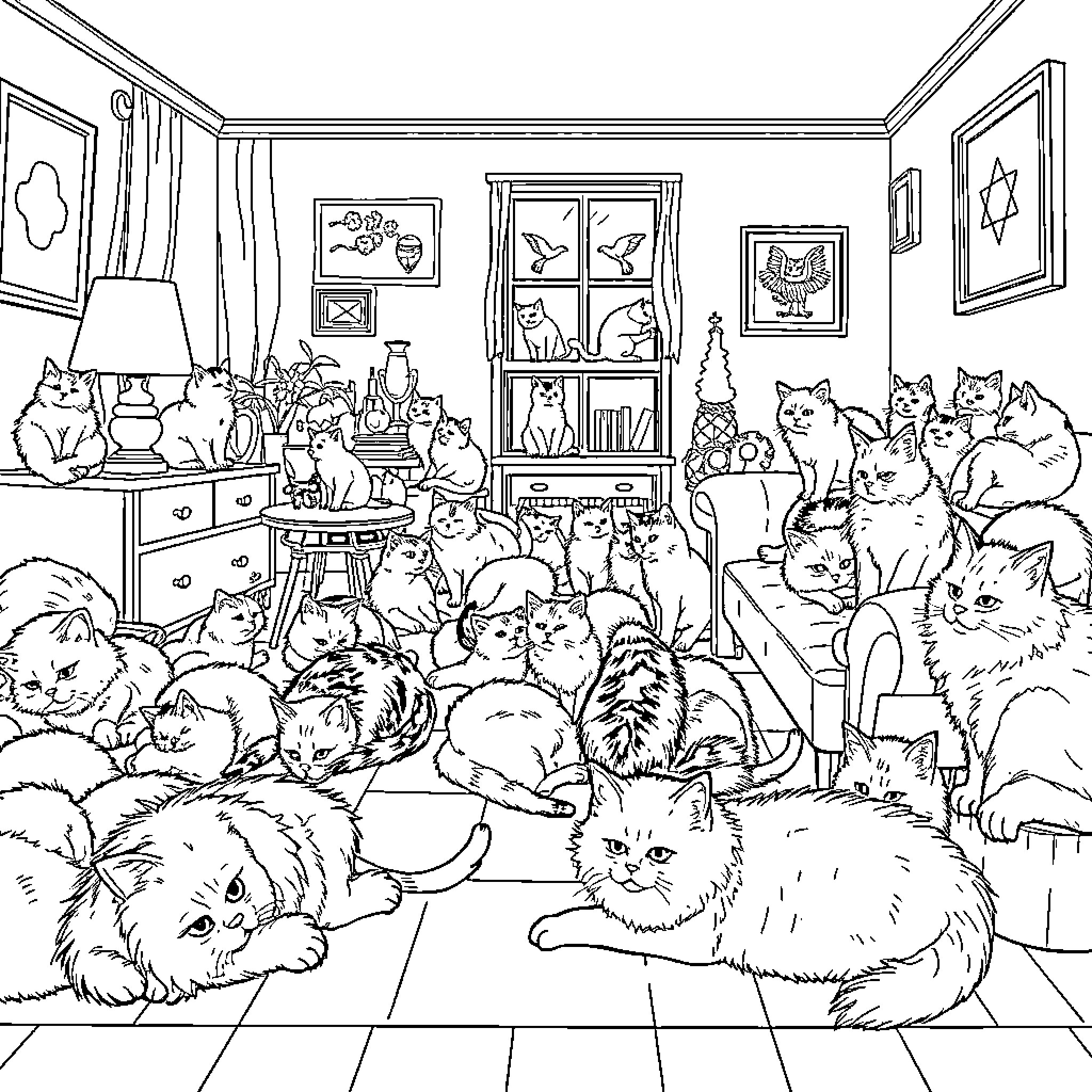 Cat Chaos in the Cozy Room Coloring Page (free black-and-white line drawing printable PDF for all, from beginners to advanced learners, including children, teens, adults, and seniors)