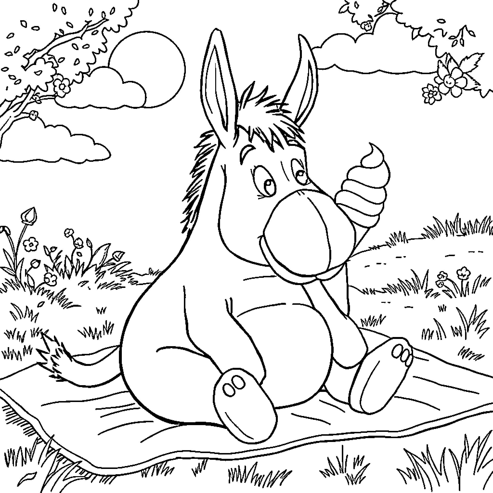 Eeyore relaxing in a whimsical outdoor scene Coloring Page (free black-and-white line drawing printable PDF for all, from beginners to advanced learners, including children, teens, adults, and seniors)