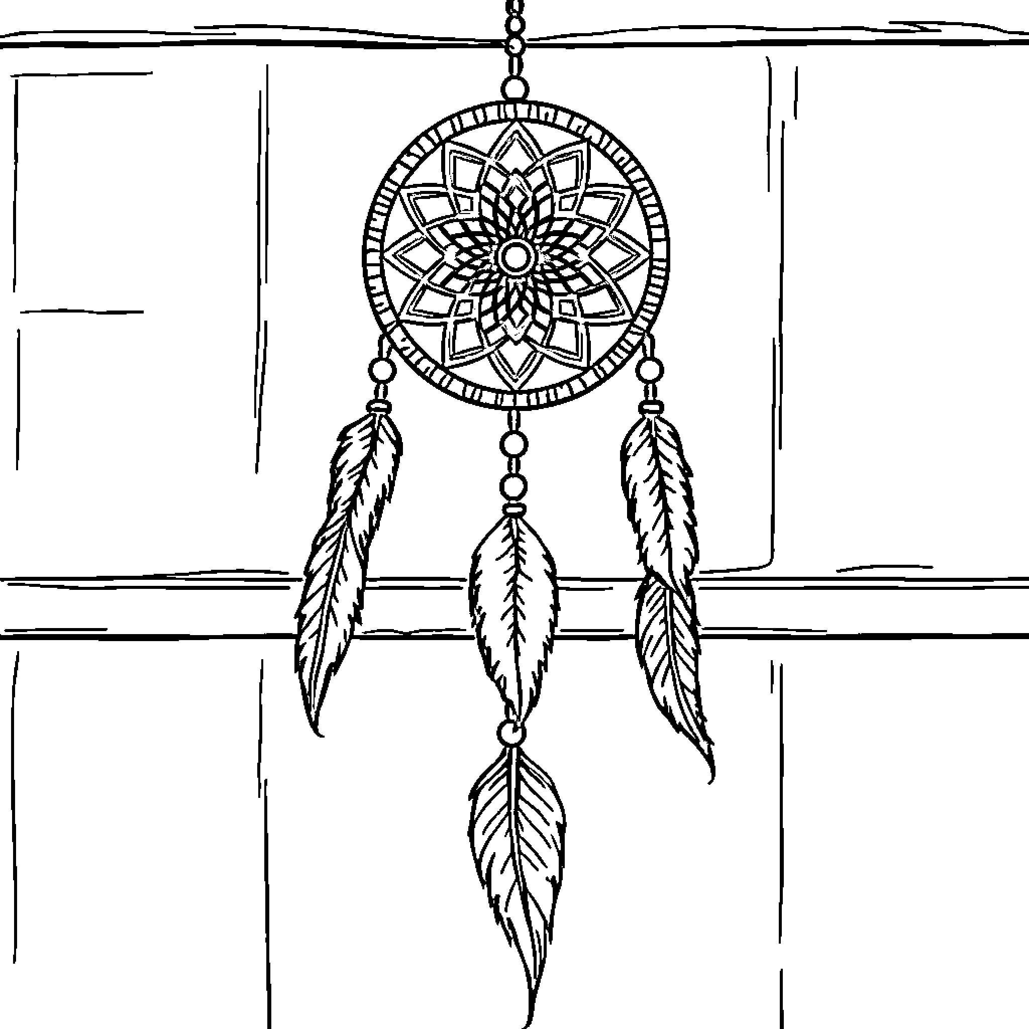 Dream Catcher with Intricate Mandala Design Coloring Page (free black-and-white line drawing printable PDF for all, from beginners to advanced learners, including children, teens, adults, and seniors)