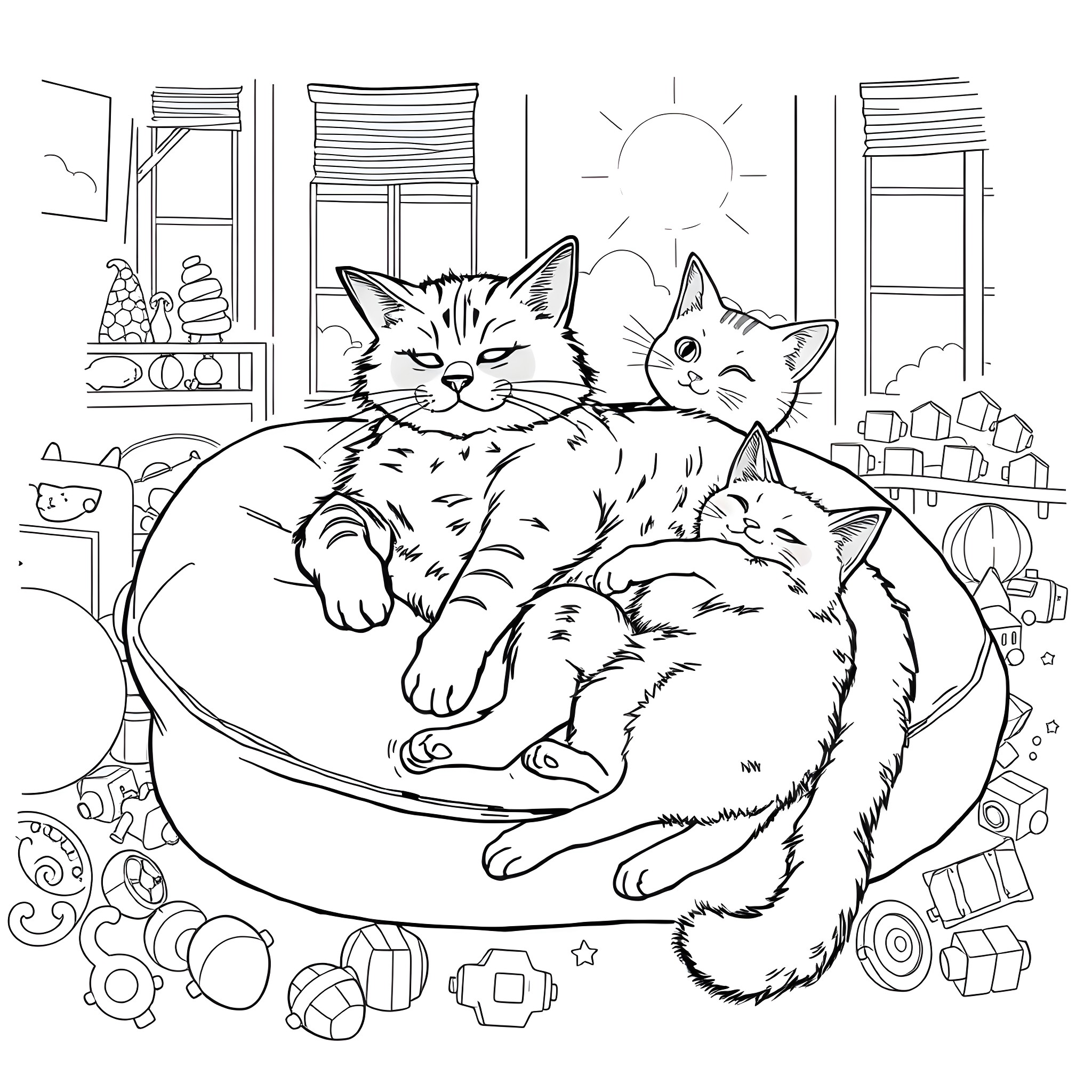 Cats Resting Cozily on a Couch Coloring Page (free black-and-white line drawing printable PDF for all, from beginners to advanced learners, including children, teens, adults, and seniors)