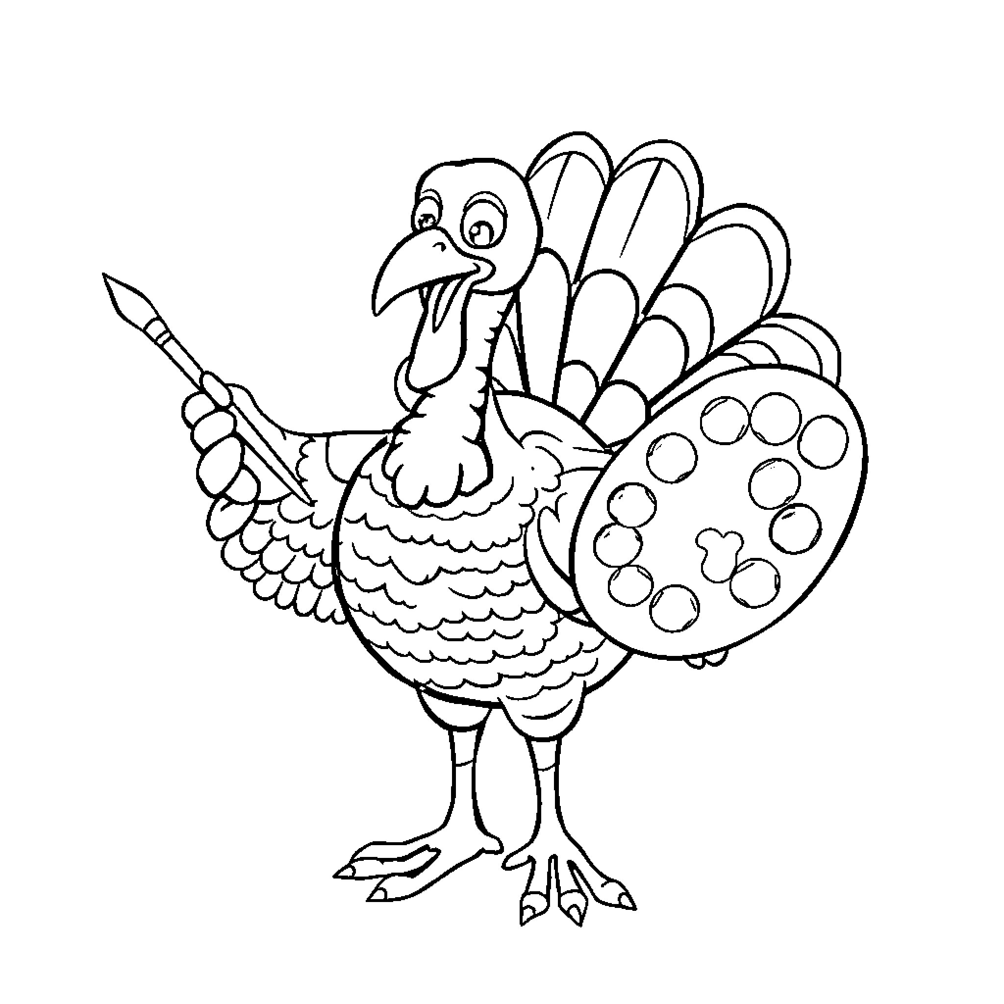 Turkey with a paintbrush and palette Coloring Page (free black-and-white line drawing printable PDF for all, from beginners to advanced learners, including children, teens, adults, and seniors)