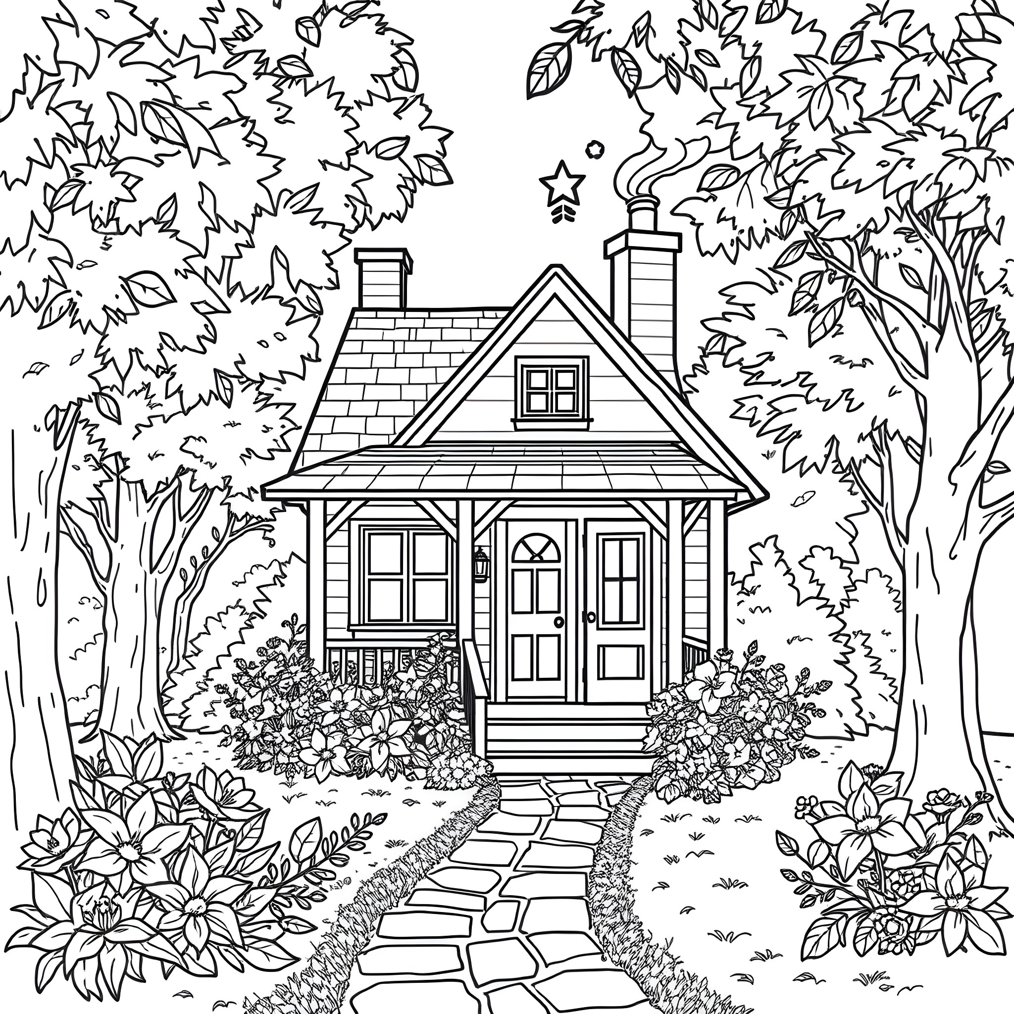 House in the forest with autumn leaves Coloring Page (free black-and-white line drawing printable PDF for all, from beginners to advanced learners, including children, teens, adults, and seniors)