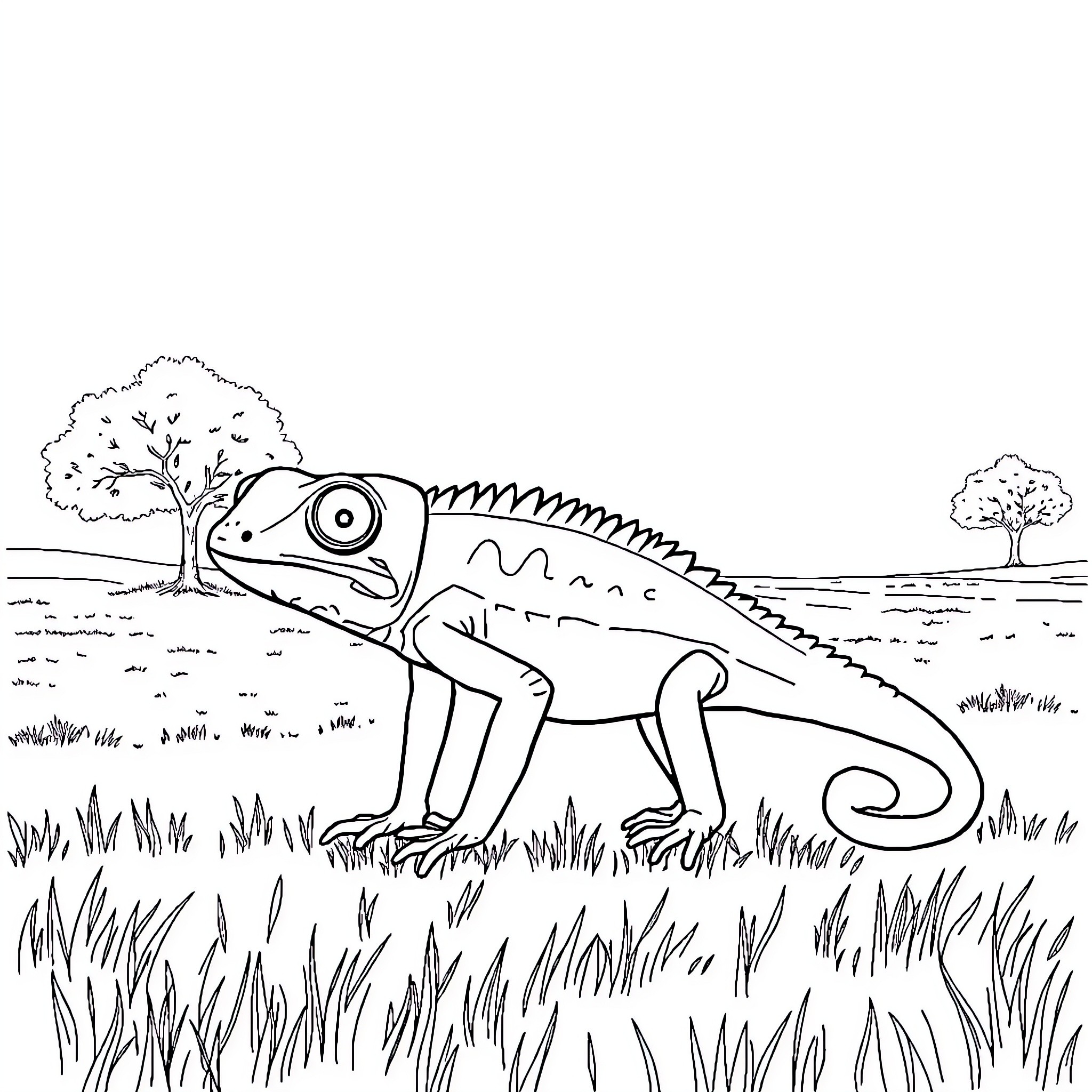 Chameleon exploring the wilderness Coloring Page (free black-and-white line drawing printable PDF for all, from beginners to advanced learners, including children, teens, adults, and seniors)