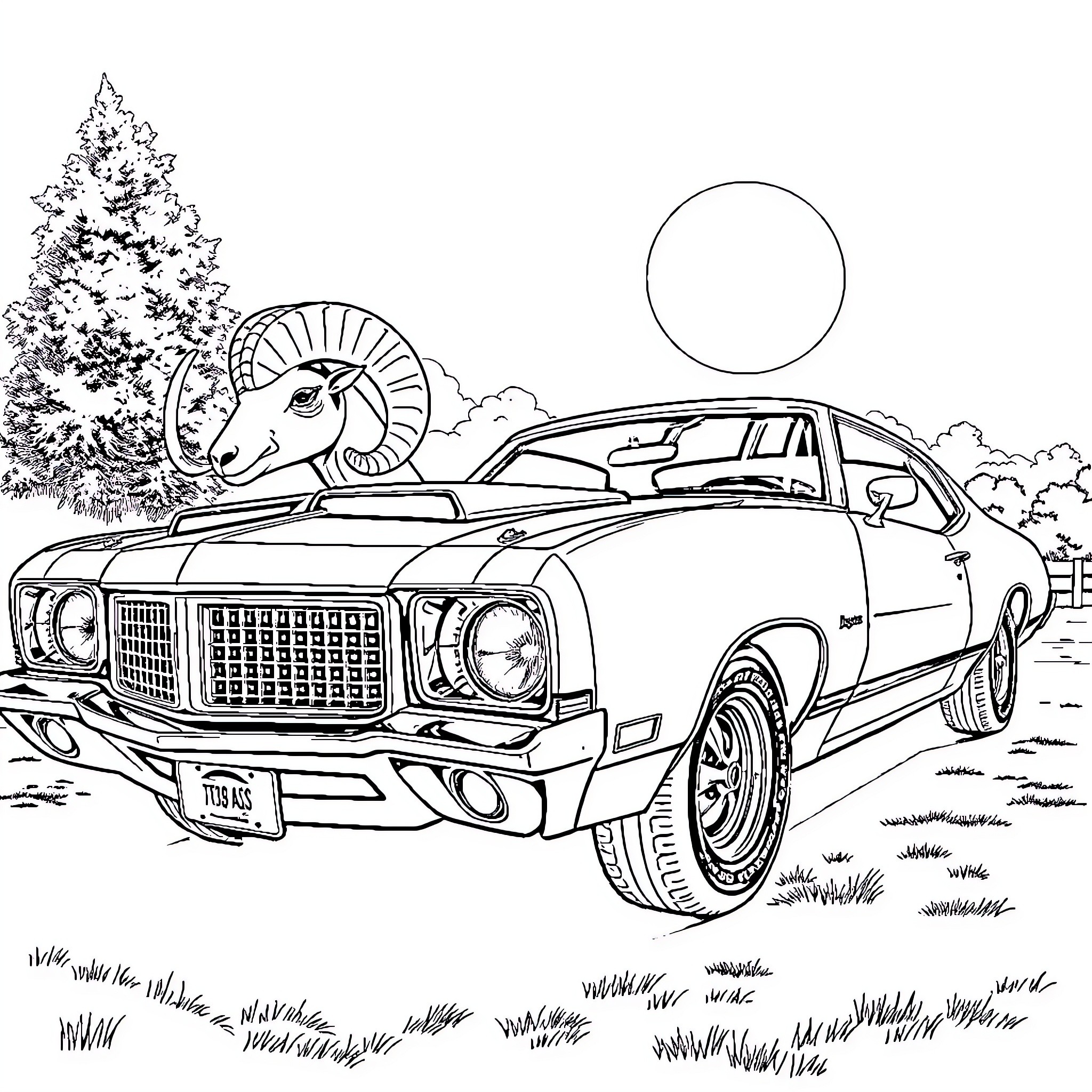 Cutlass car with deer in scenic setting Coloring Page (free black-and-white line drawing printable PDF for all, from beginners to advanced learners, including children, teens, adults, and seniors)