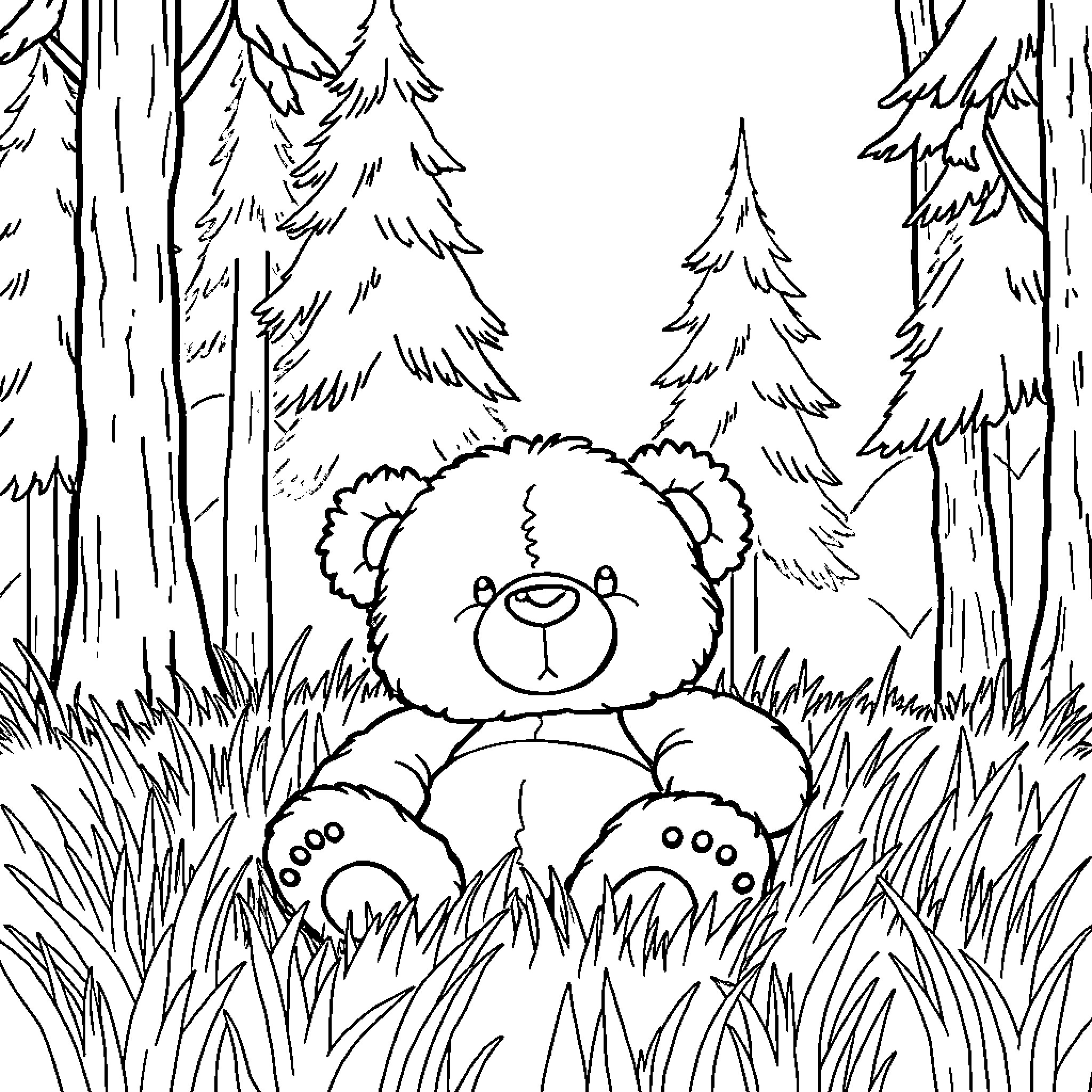 Teddy Bear in a Whimsical Forest Coloring Page (free black-and-white line drawing printable PDF for all, from beginners to advanced learners, including children, teens, adults, and seniors)