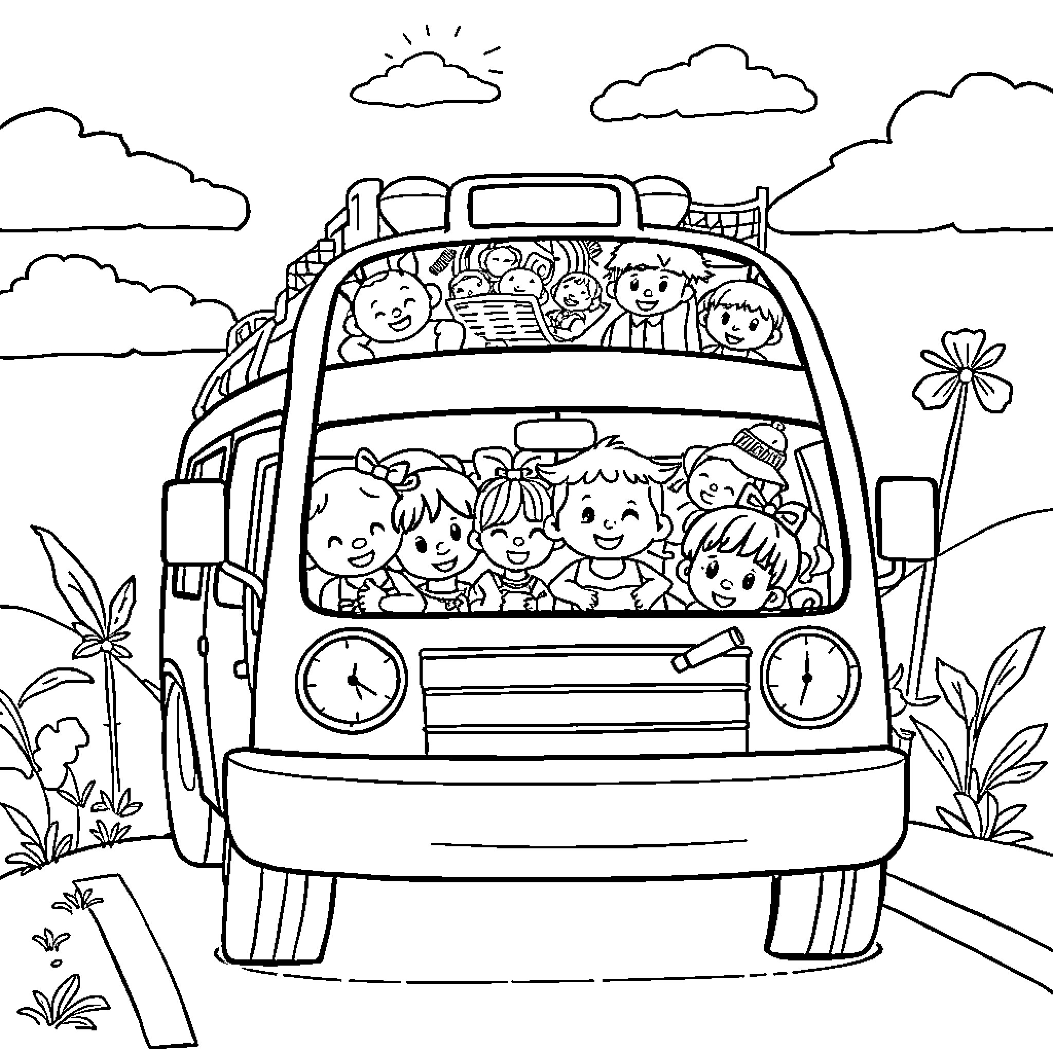 School Bus Filled with Excited Students Coloring Page (free black-and-white line drawing printable PDF for all, from beginners to advanced learners, including children, teens, adults, and seniors)