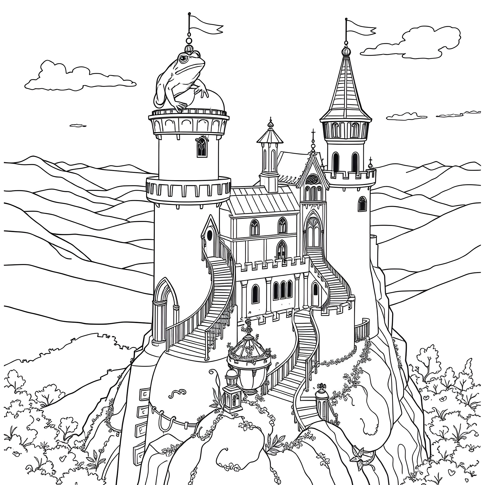Frog exploring a whimsical castle in the mountains Coloring Page (free black-and-white line drawing printable PDF for all, from beginners to advanced learners, including children, teens, adults, and seniors)