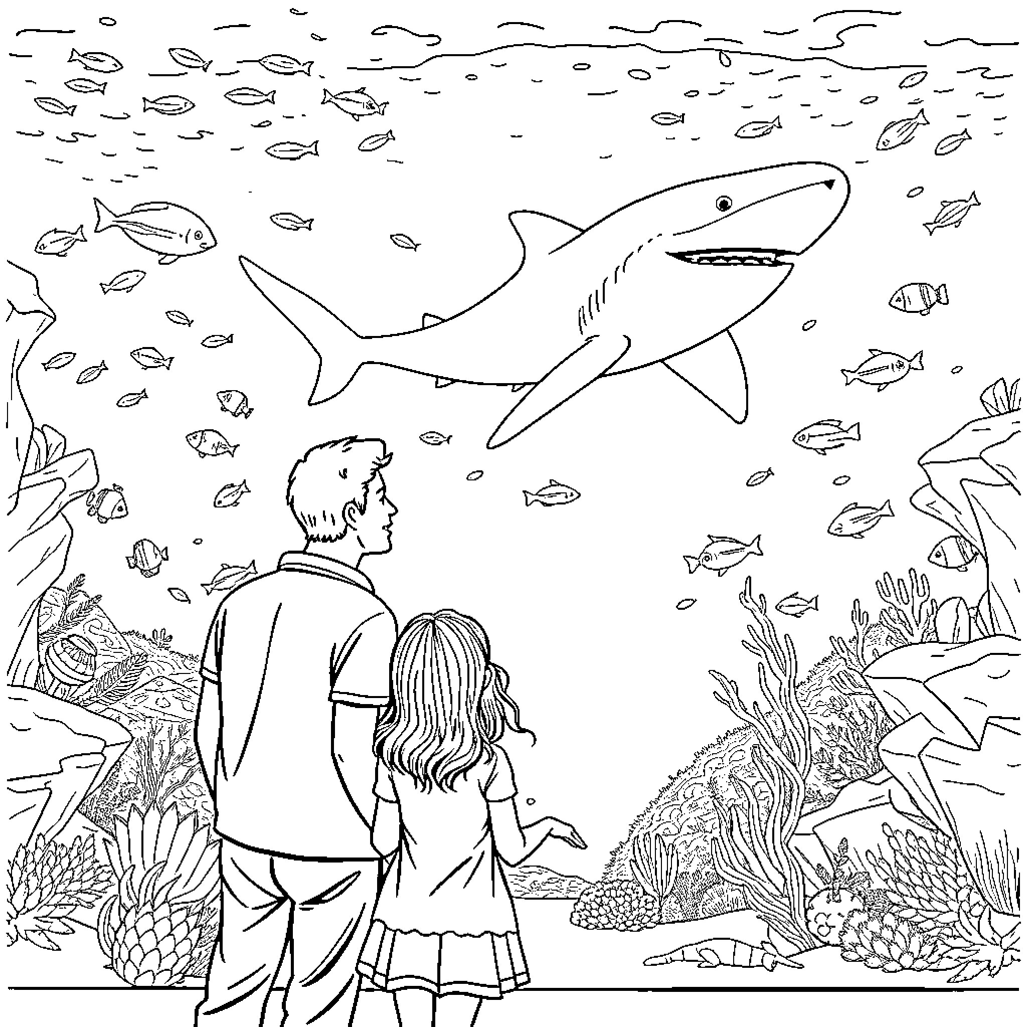 Girl and Boy Exploring the Underwater World Coloring Page (free black-and-white line drawing printable PDF for all, from beginners to advanced learners, including children, teens, adults, and seniors)