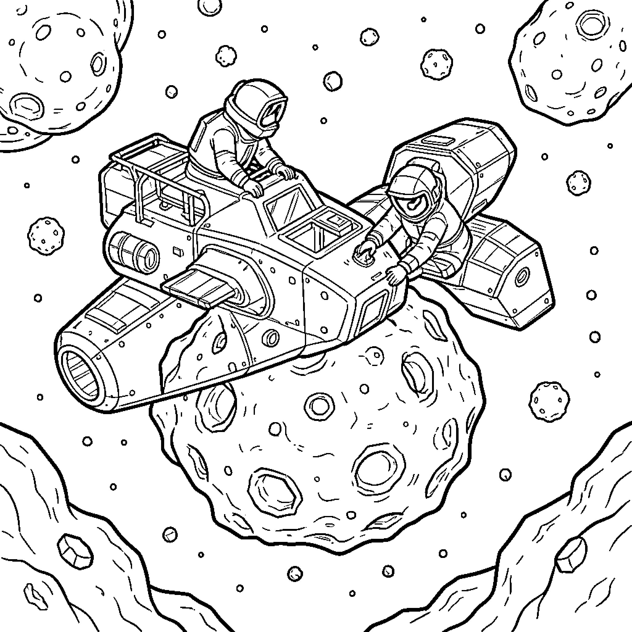 Vaisseau Spatial piloted by astronauts among floating asteroids Coloring Page (free black-and-white line drawing printable PDF for all, from beginners to advanced learners, including children, teens, adults, and seniors)