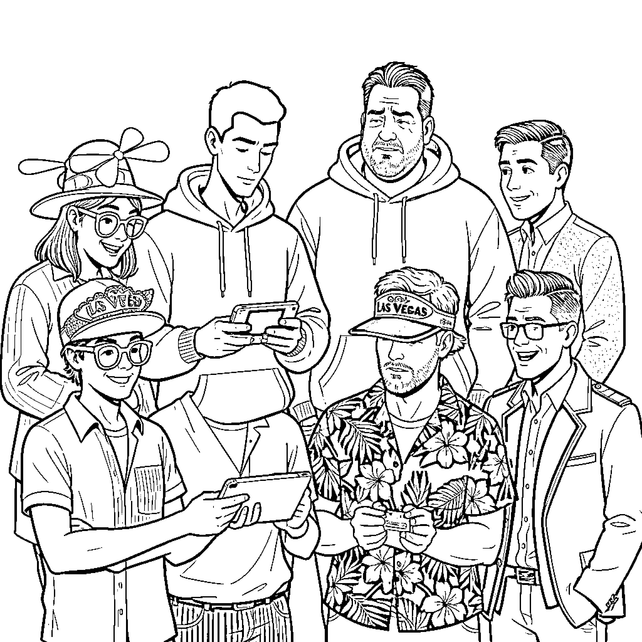 Men engaged in various activities and interactions Coloring Page (free black-and-white line drawing printable PDF for all, from beginners to advanced learners, including children, teens, adults, and seniors)