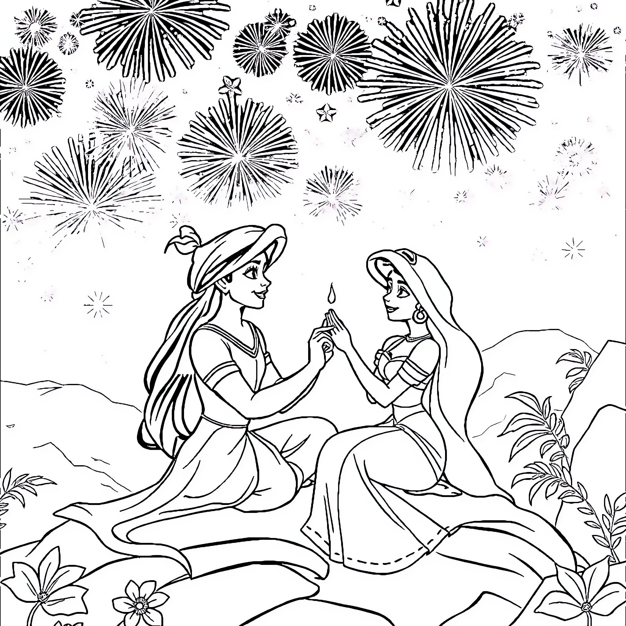 Aladdin and Jasmine enjoying fireworks display Coloring Page (free black-and-white line drawing printable PDF for all, from beginners to advanced learners, including children, teens, adults, and seniors)