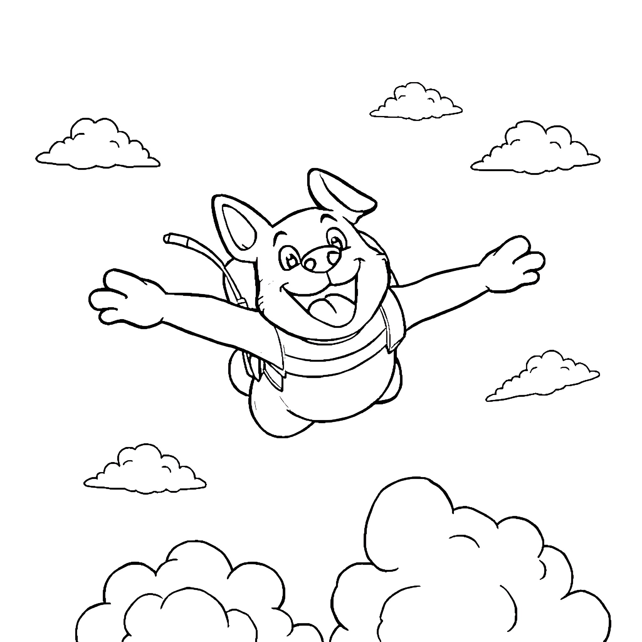 Bluey joyfully leaping in the clouds Coloring Page (free black-and-white line drawing printable PDF for all, from beginners to advanced learners, including children, teens, adults, and seniors)
