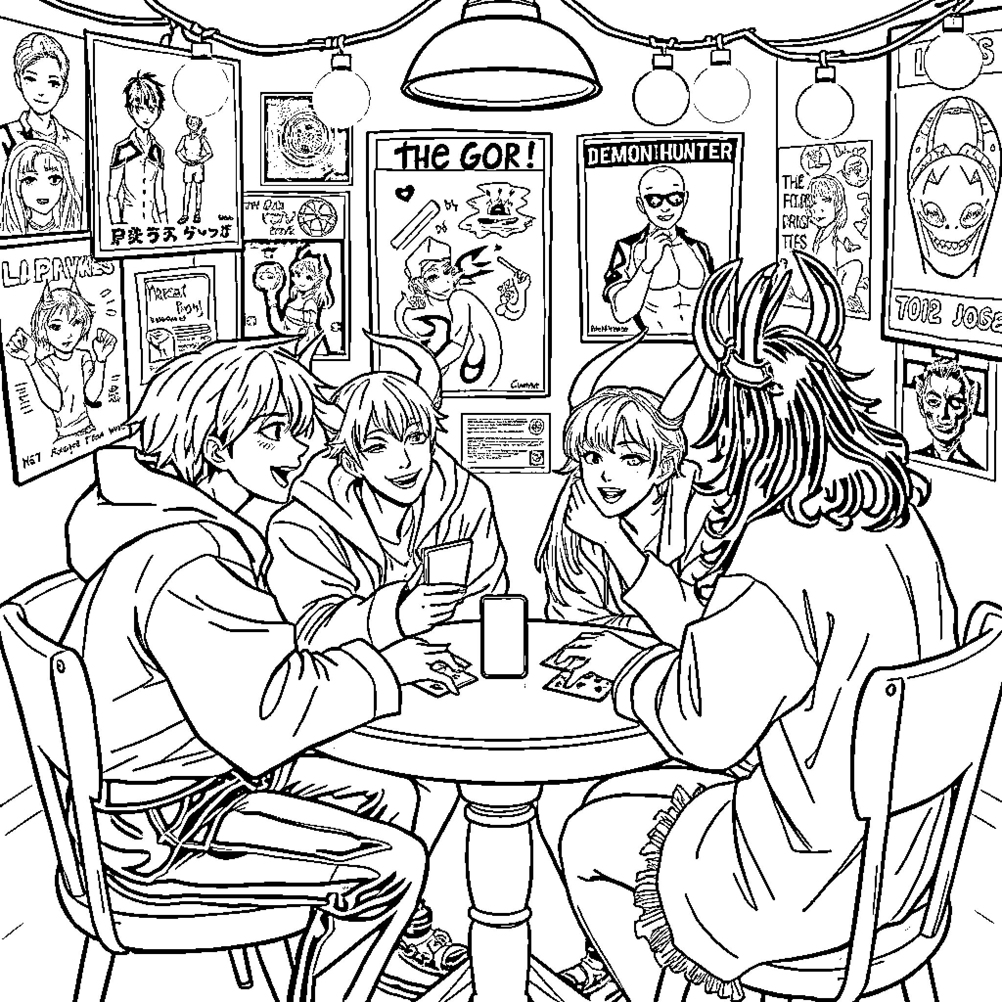 Kpop Demon Hunters Gather for a Lively Discussion Coloring Page (free black-and-white line drawing printable PDF for all, from beginners to advanced learners, including children, teens, adults, and seniors)