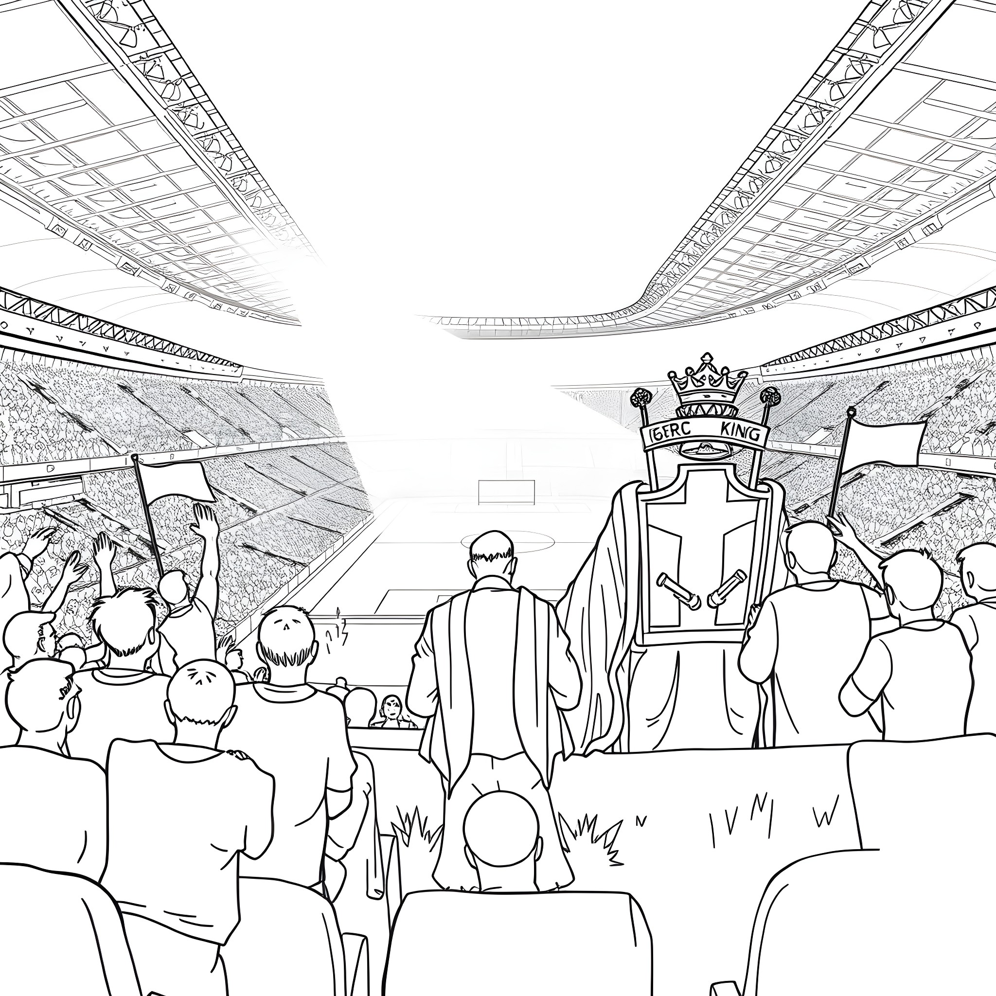 GIF King Rooting for their Team at a Sporting Event Coloring Page (free black-and-white line drawing printable PDF for all, from beginners to advanced learners, including children, teens, adults, and seniors)