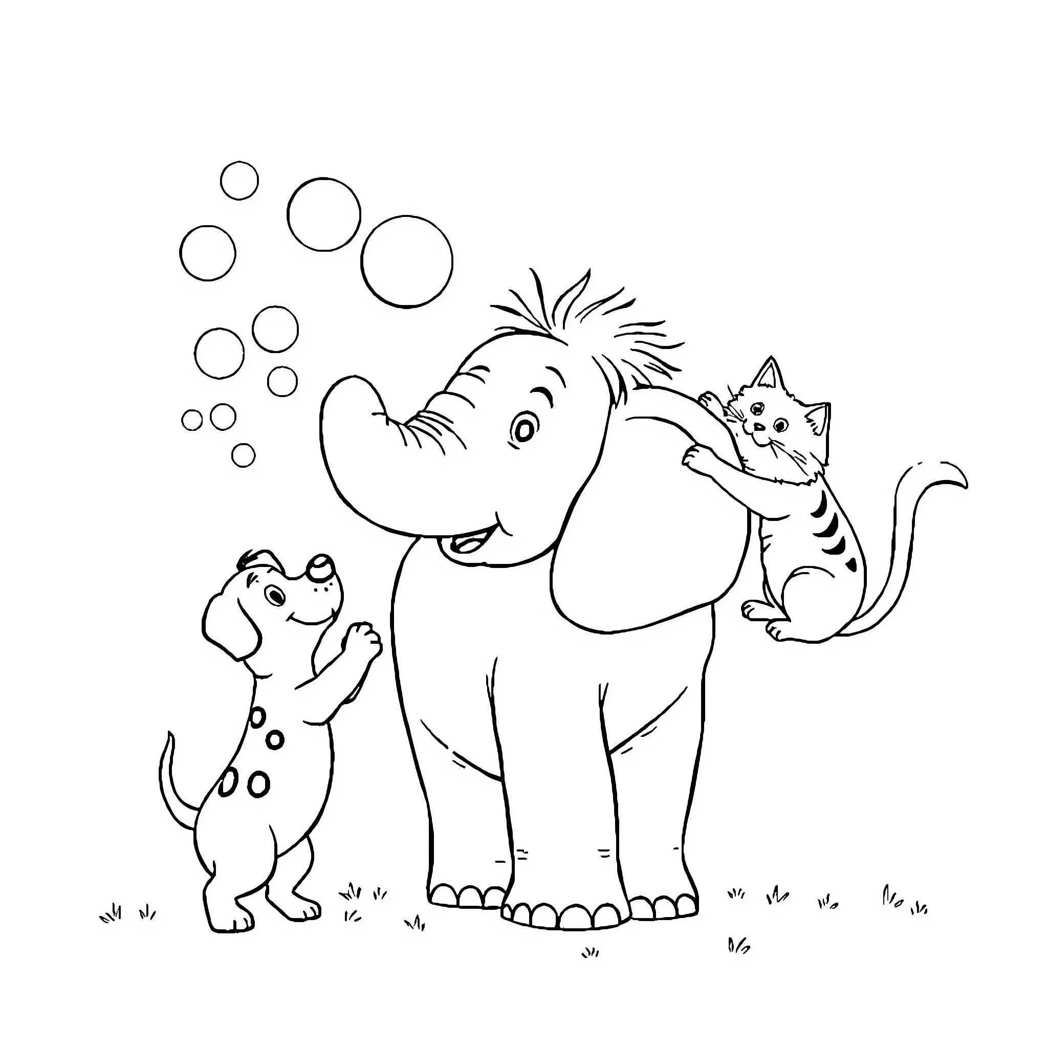 Dog, cat, and puppy playing with bubbles Coloring Page (free black-and-white line drawing printable PDF for all, from beginners to advanced learners, including children, teens, adults, and seniors)