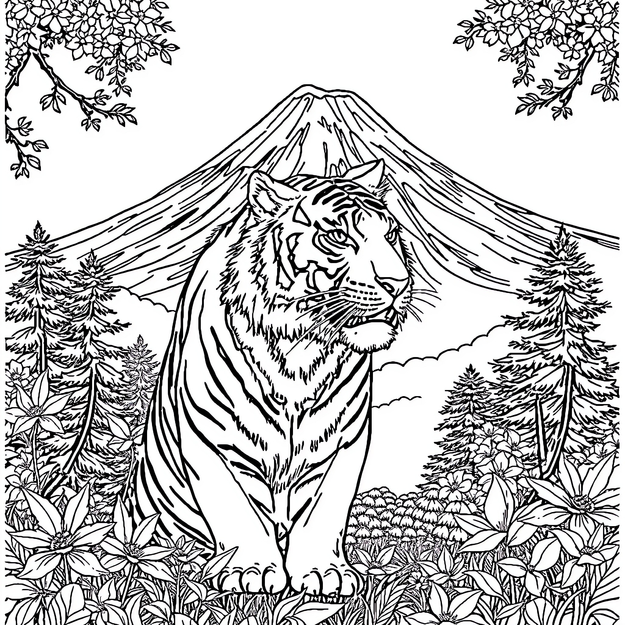 Tiger surveying the scenic landscape Coloring Page (free black-and-white line drawing printable PDF for all, from beginners to advanced learners, including children, teens, adults, and seniors)