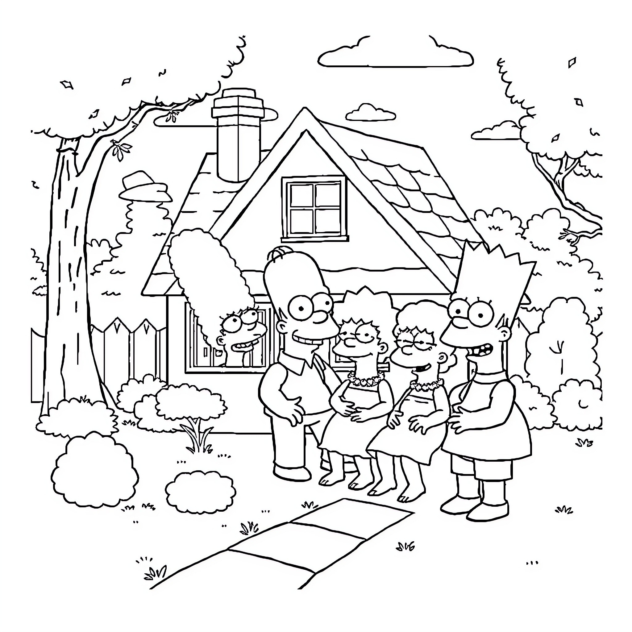 Simpsons Family Enjoying Outdoor Scenery Coloring Page (free black-and-white line drawing printable PDF for all, from beginners to advanced learners, including children, teens, adults, and seniors)