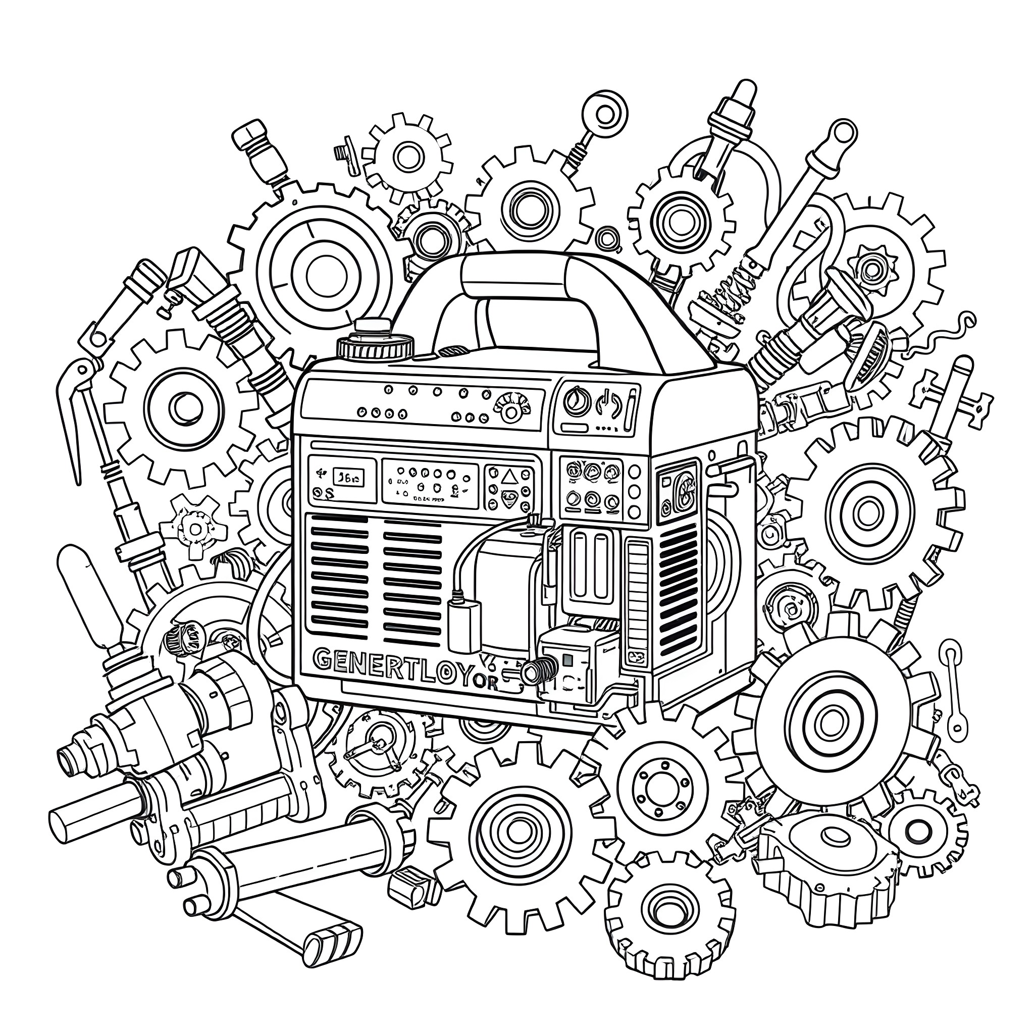 Generator surrounded by various mechanical parts Coloring Page (free black-and-white line drawing printable PDF for all, from beginners to advanced learners, including children, teens, adults, and seniors)