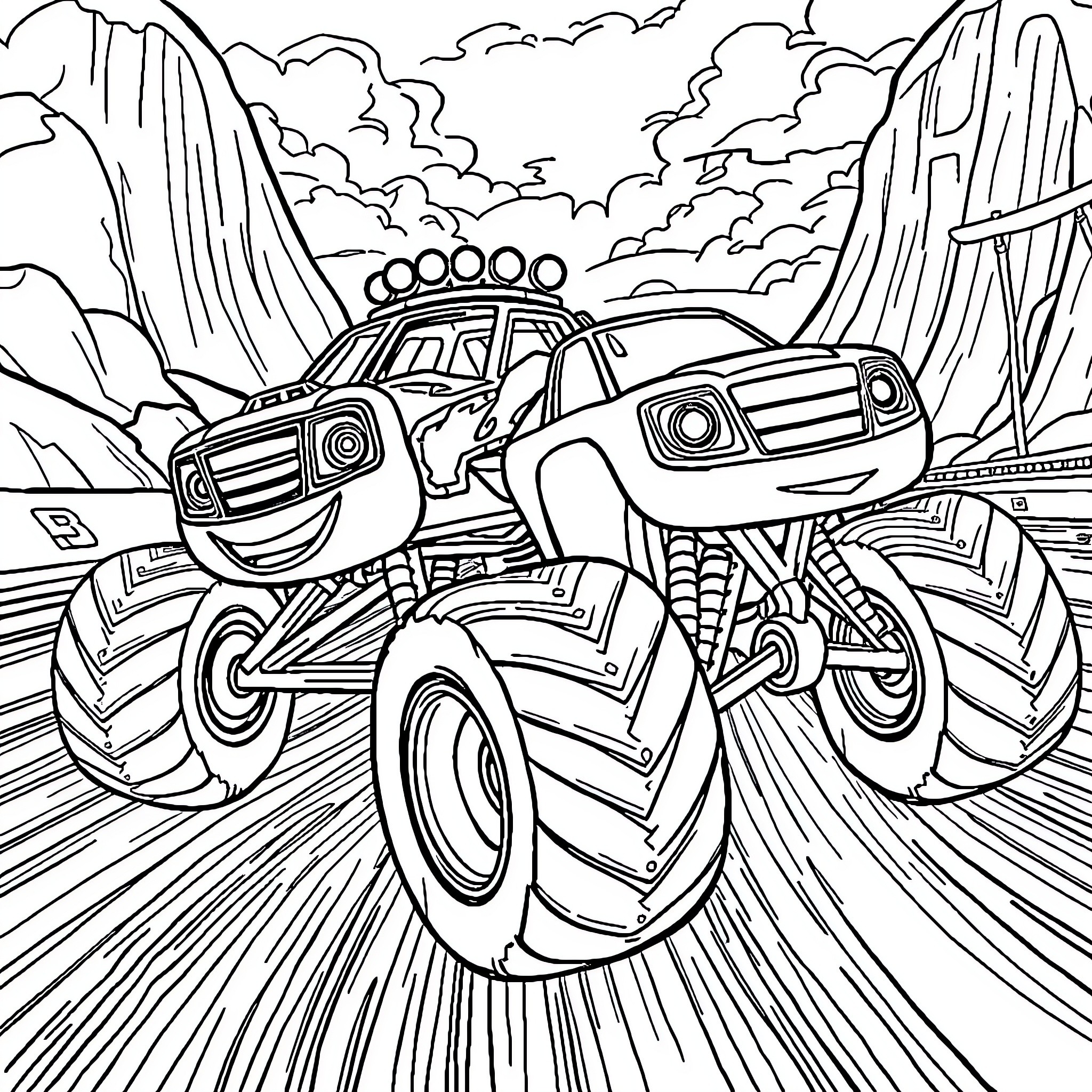 Blaze Racing Through the Rugged Terrain Coloring Page (free black-and-white line drawing printable PDF for all, from beginners to advanced learners, including children, teens, adults, and seniors)