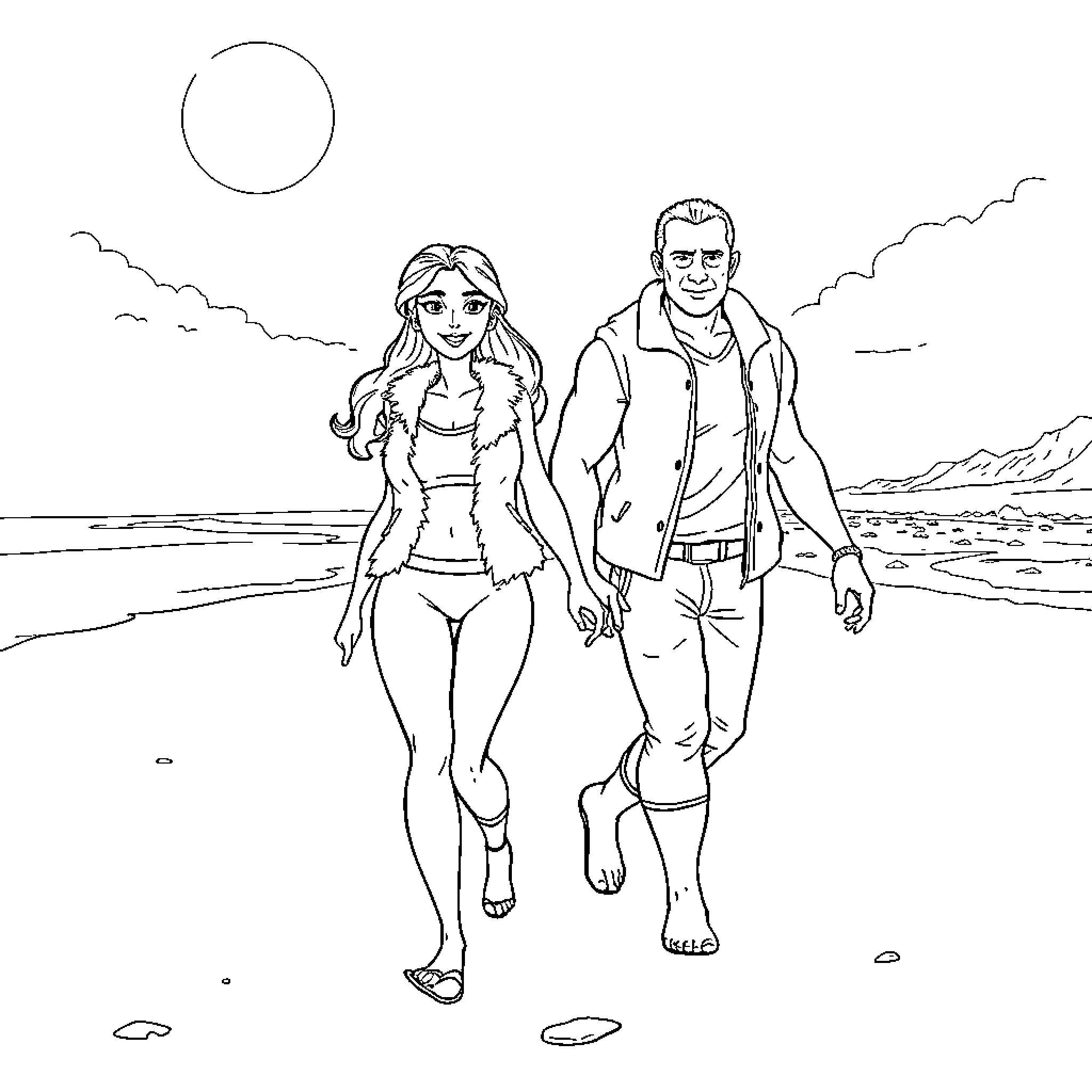 Belle and companion strolling on the beach Coloring Page (free black-and-white line drawing printable PDF for all, from beginners to advanced learners, including children, teens, adults, and seniors)