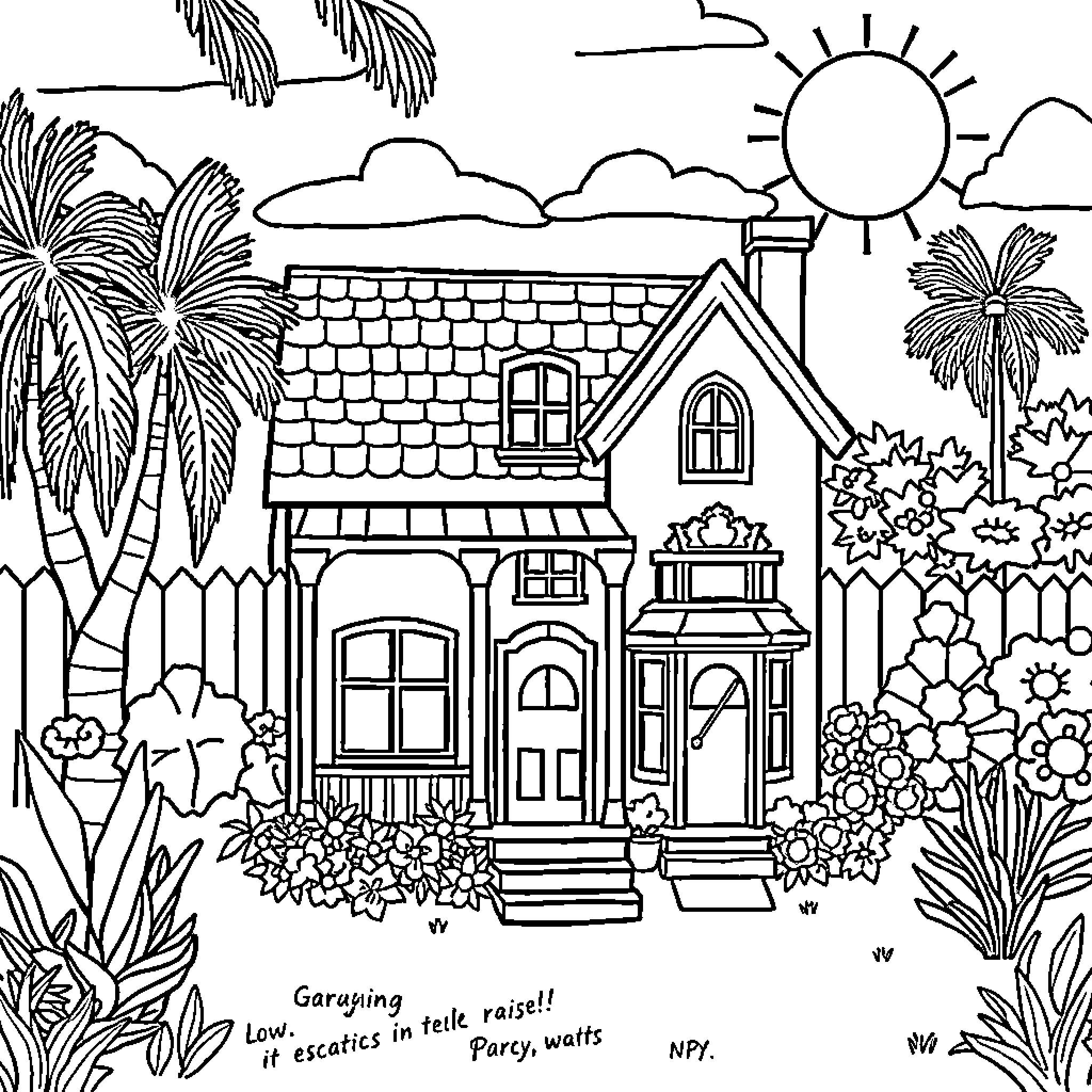 Gabby's Dollhouse: Quaint Cottage with Lush Surroundings Coloring Page (free black-and-white line drawing printable PDF for all, from beginners to advanced learners, including children, teens, adults, and seniors)